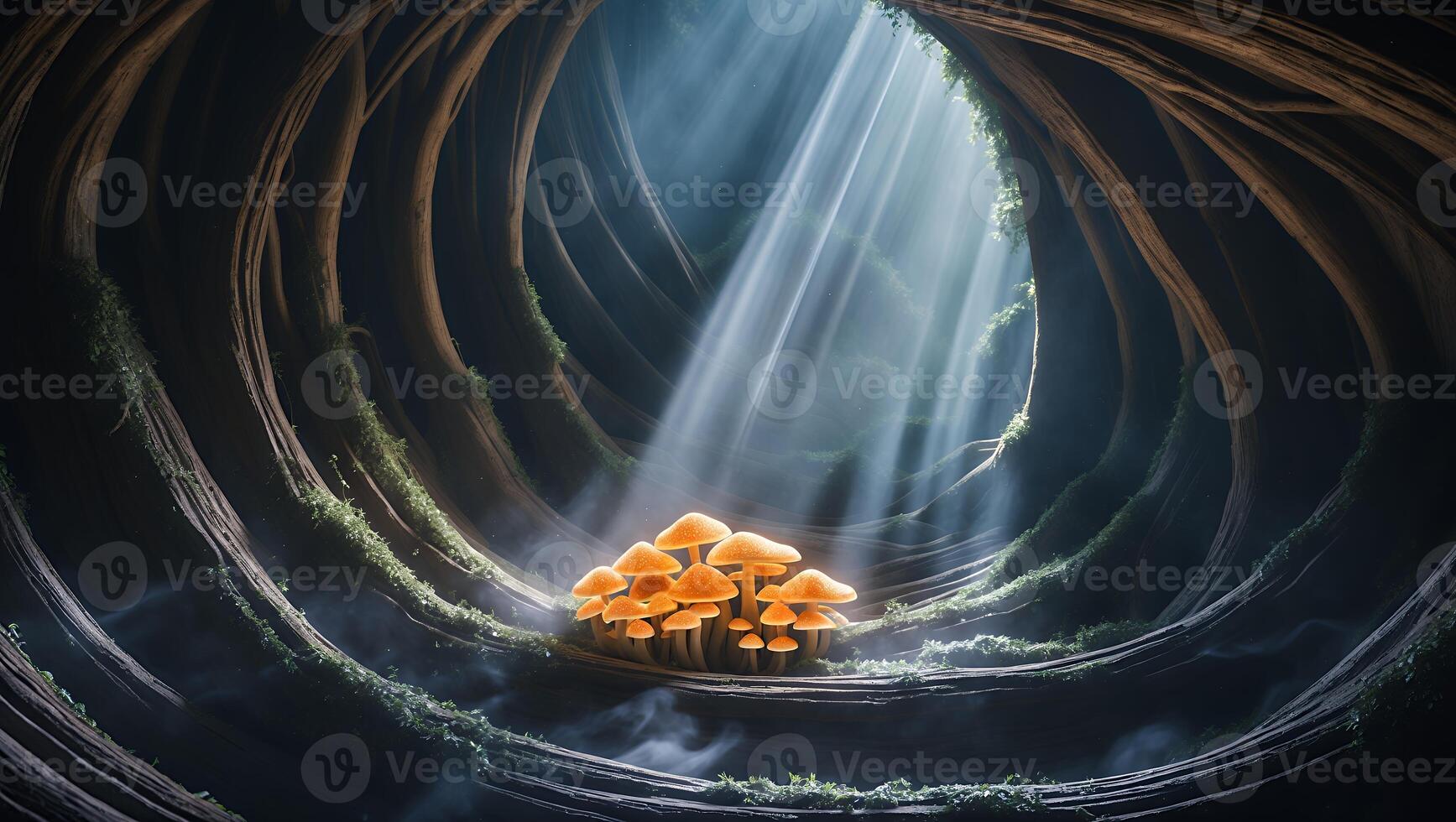 Mushroom Cluster Glowing in Forest with Light Rays Shining Through photo