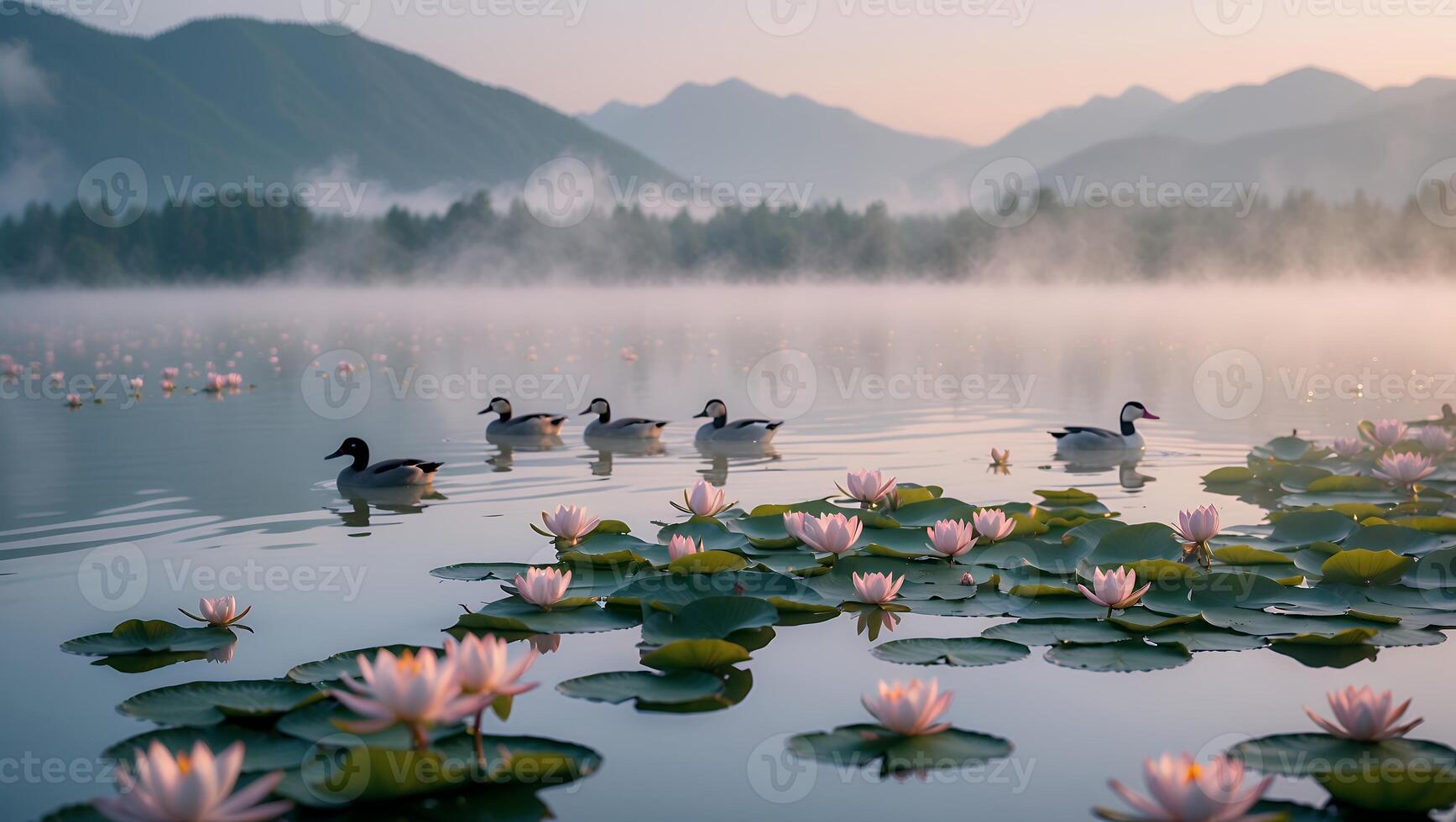 Ducks Swimming on Foggy Lake with Water Lilies and Mountain View photo