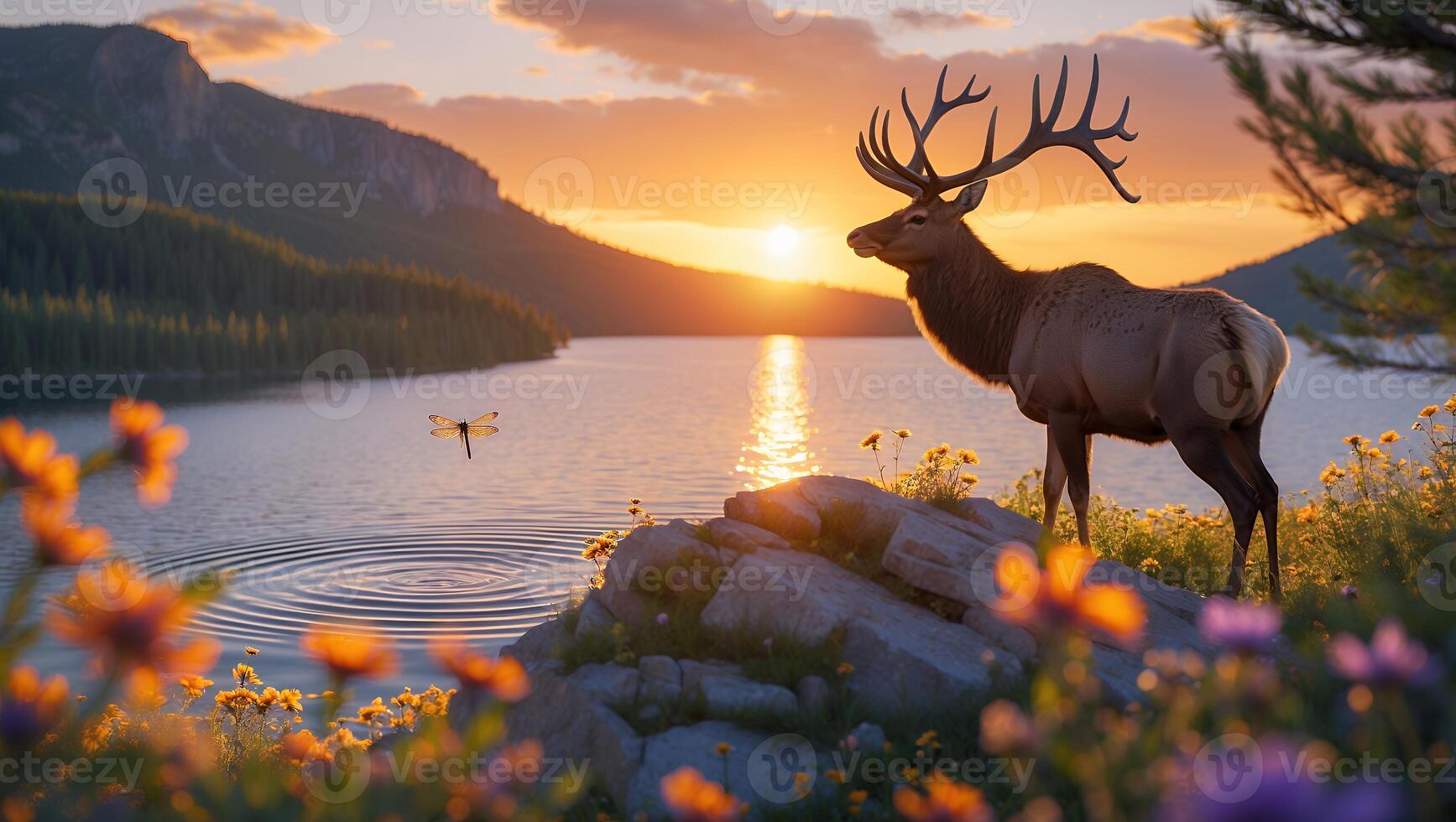 Majestic Elk Standing Near Lake at Sunset with Flowers photo