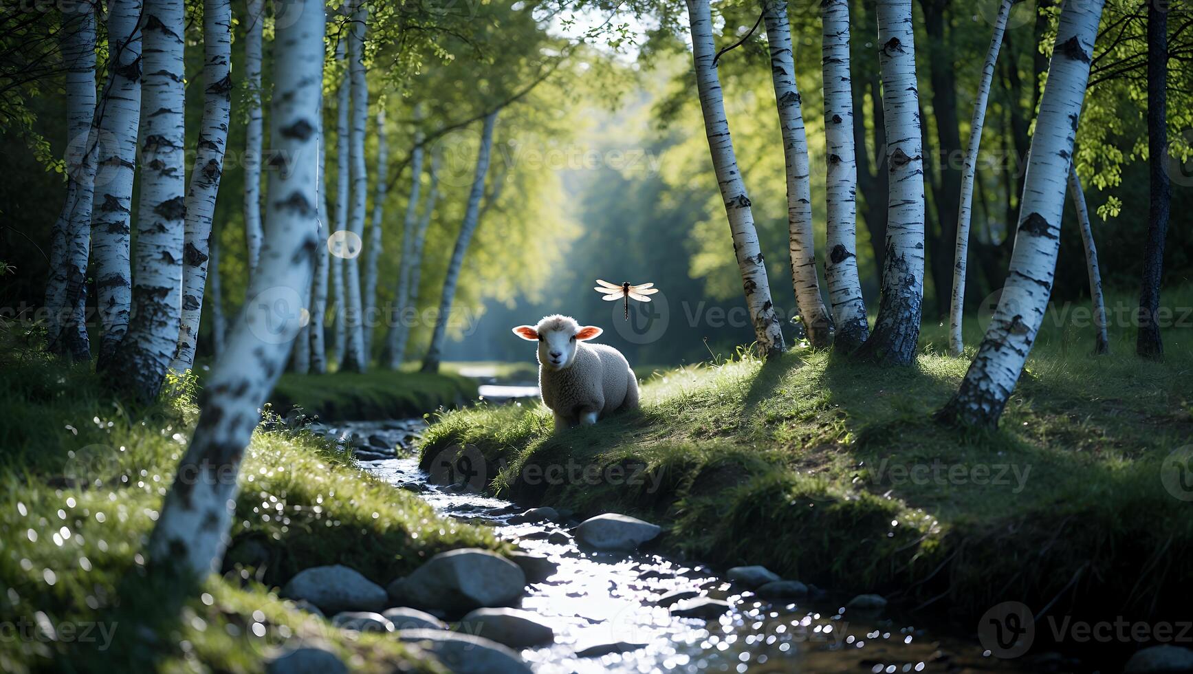 Sheep Resting Near Forest Stream with Sunlight and Flying Insect photo