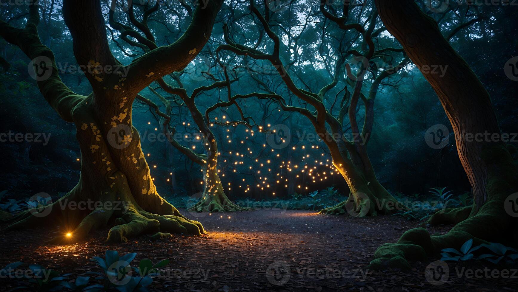 Walking Path Through Enchanted Forest with Glowing Lights and Mossy Trees photo