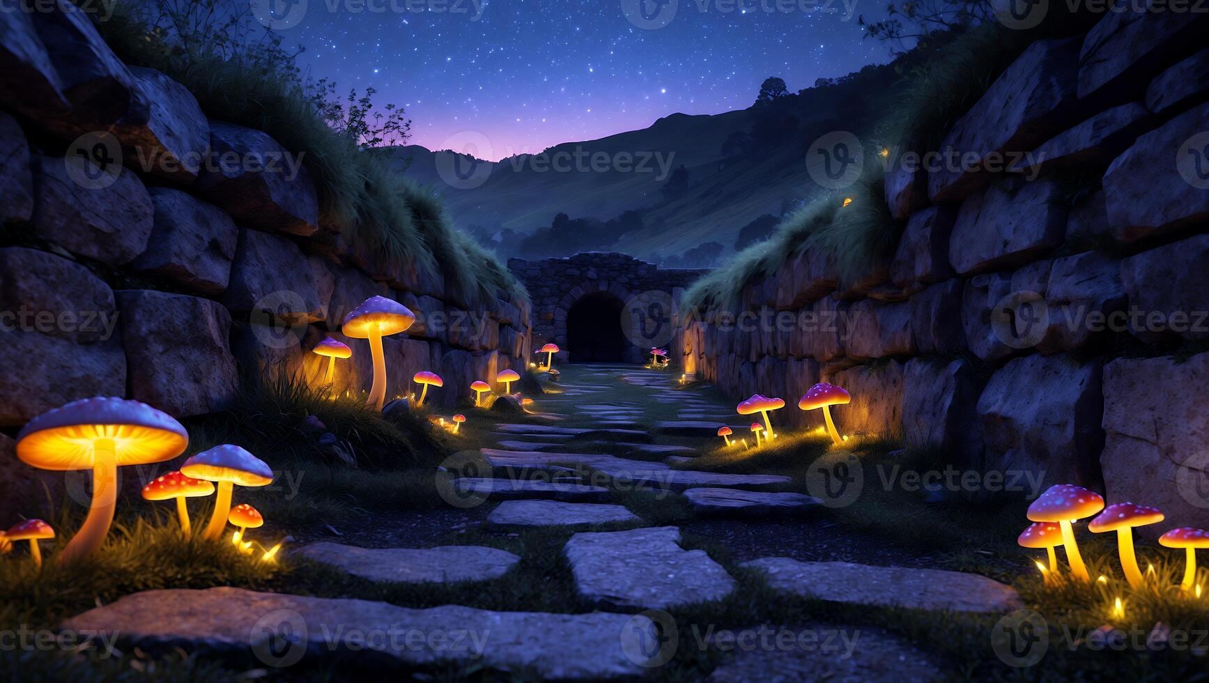 Enchanted Stone Path Lit by Glowing Mushrooms at Night Fantasy photo