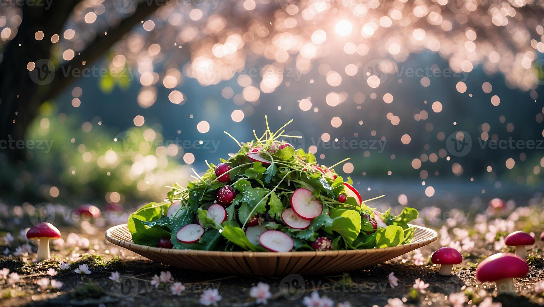 Fresh Salad Dish with Radishes and Greens in Enchanted Forest Setting photo
