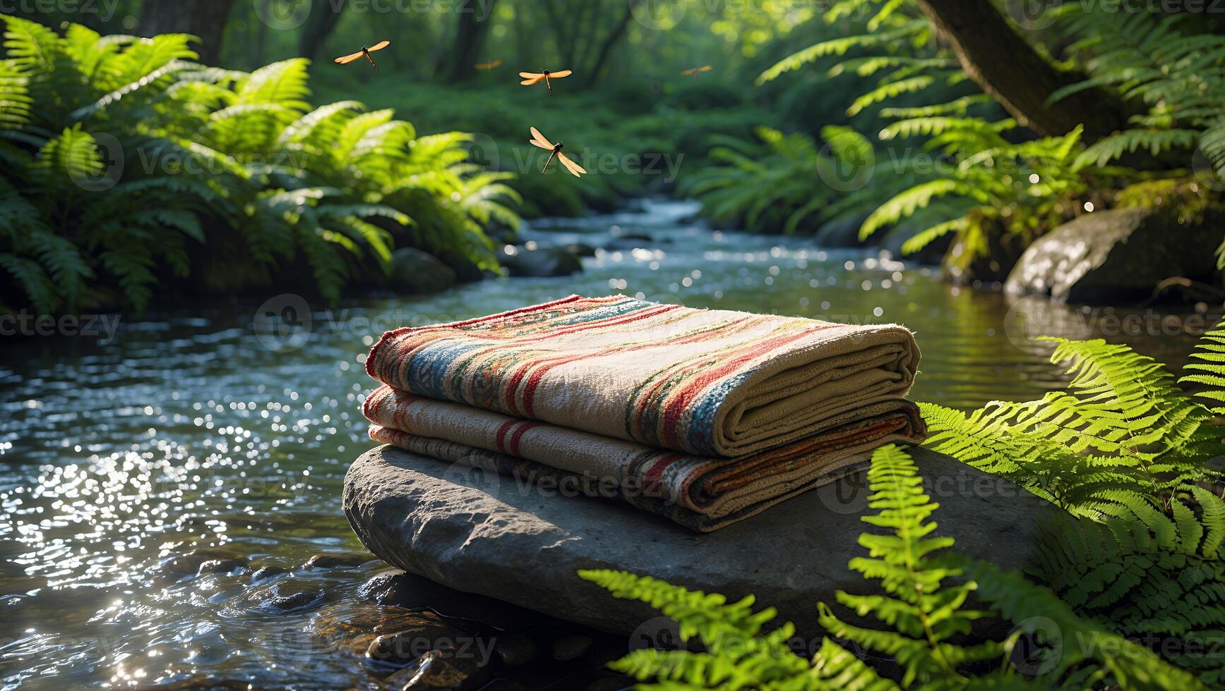 Folded Striped Blanket on Rock by River in Forest Setting photo