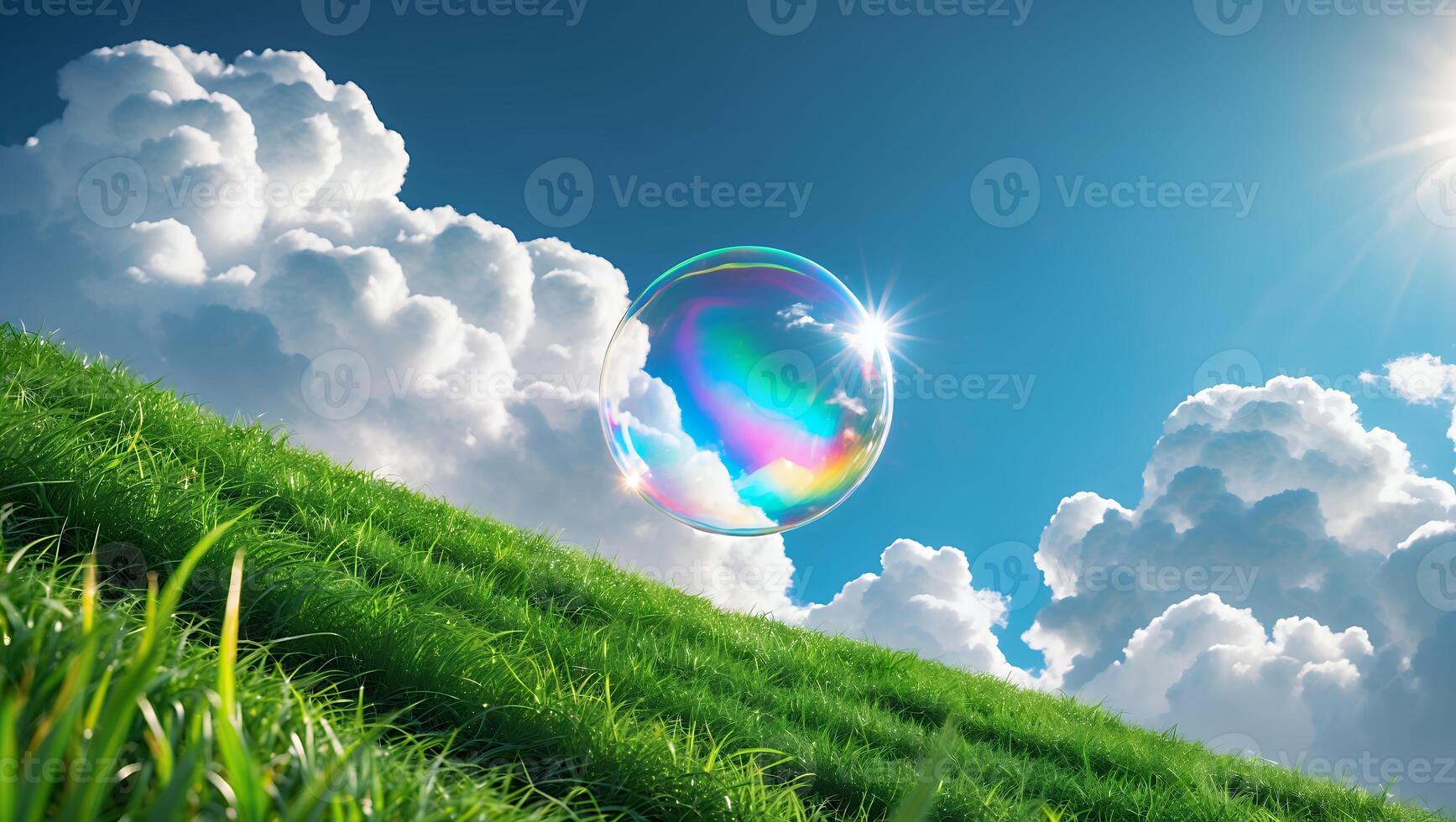 Floating Rainbow Bubble Over Green Hill with Clouds and Sun Rays photo