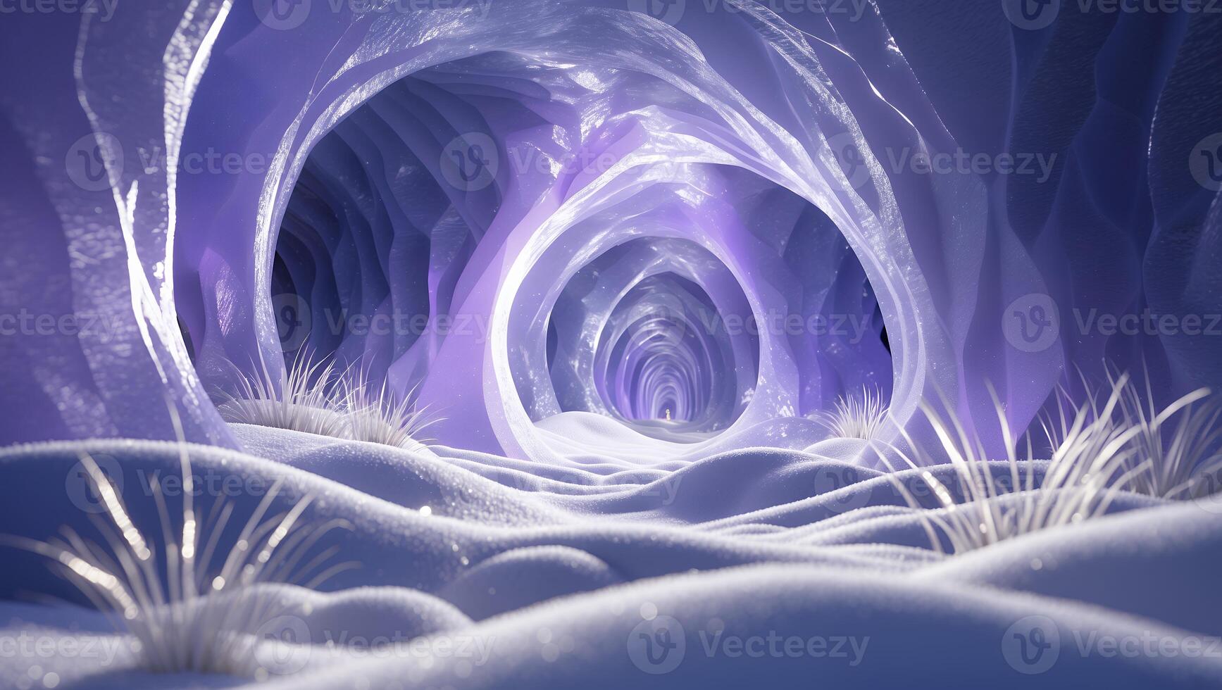 Exploring Deep Ice Cave with Glistening Structures and Snow Covered Floor photo