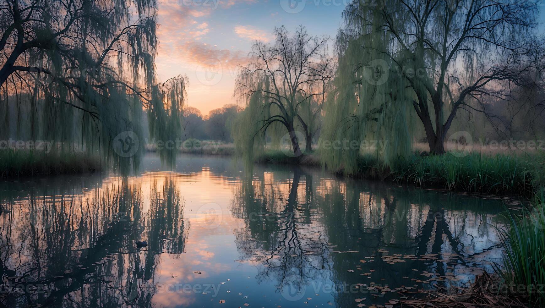 Weeping Willow Trees Reflecting in Calm Pond Water at Sunrise photo