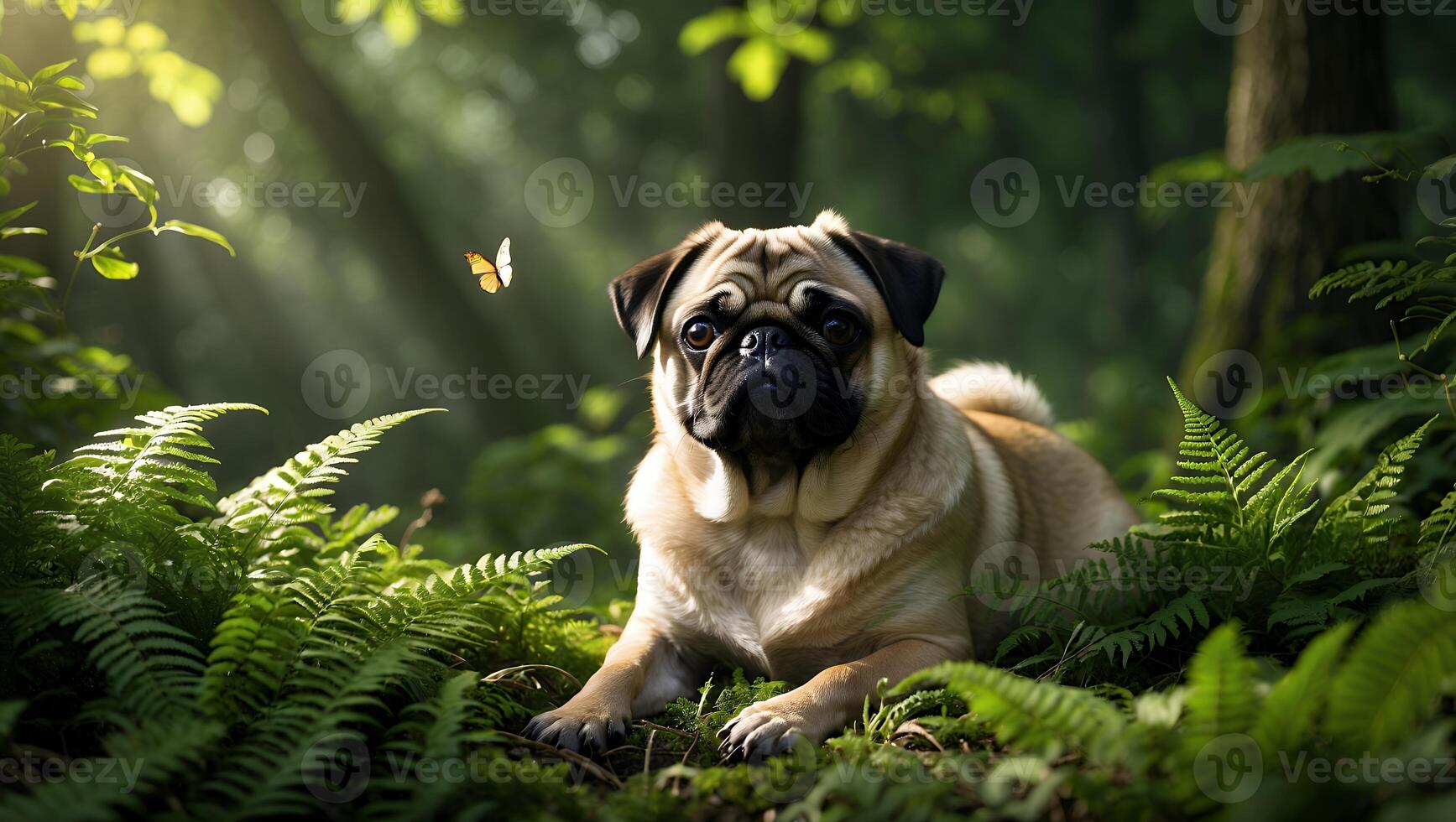 Relaxing Dog in Forest with Butterfly Enjoying the Sunlight photo