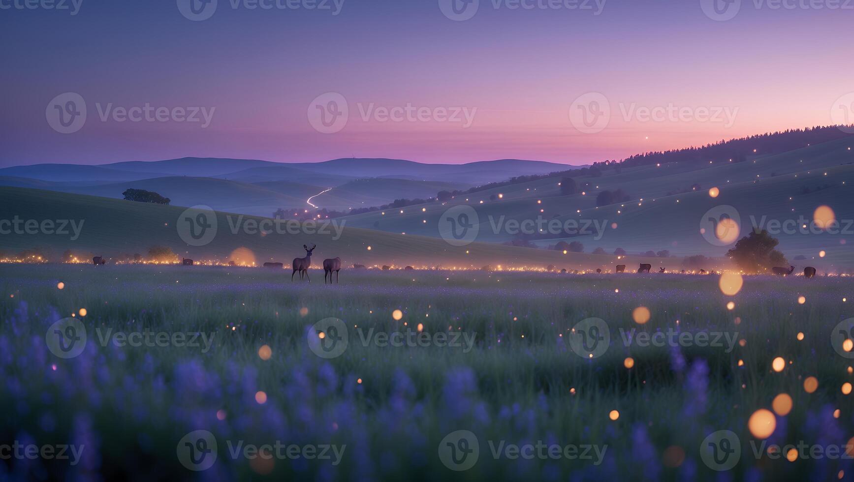 Deer Standing in Dreamy Meadow at Dusk with Magical Light Effects photo