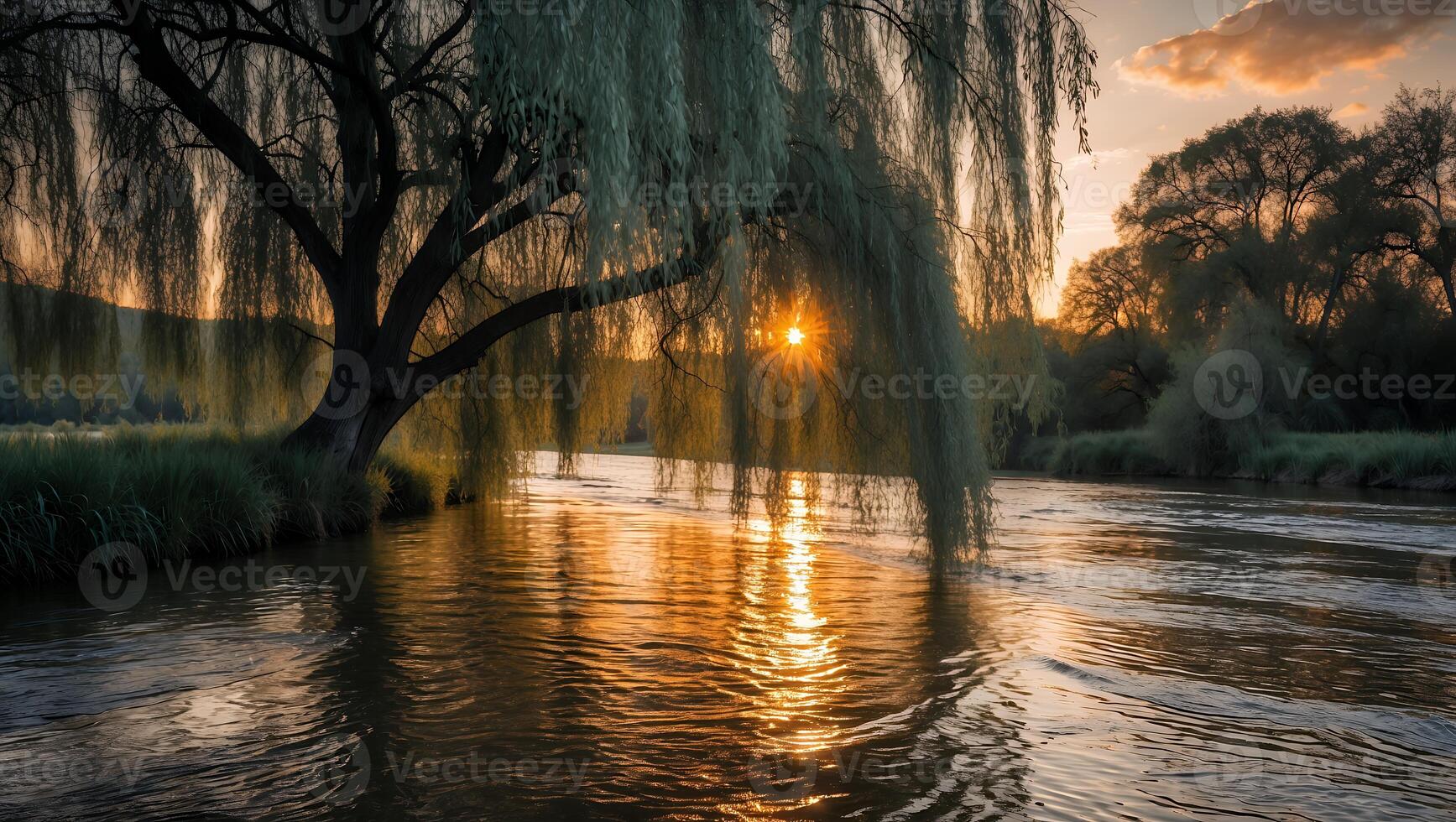Sunset Glimmering Through Weeping Willow Tree Over River Waters photo
