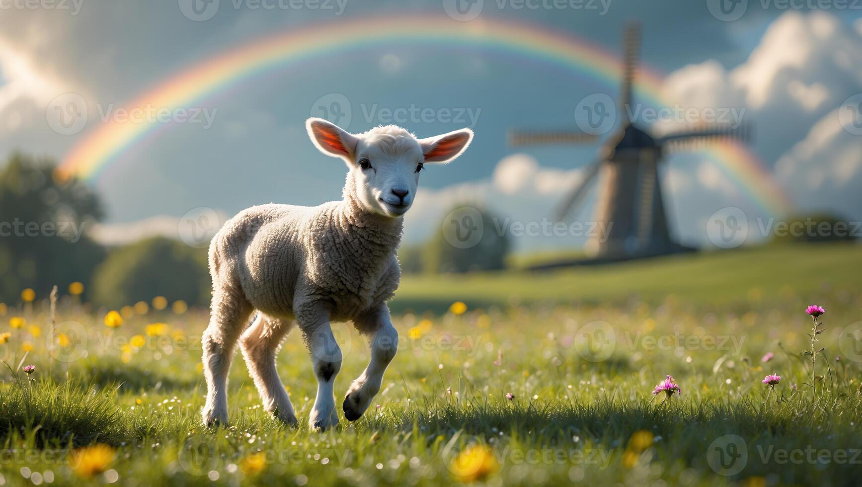 Lamb Running in Field with Rainbow and Windmill Background photo