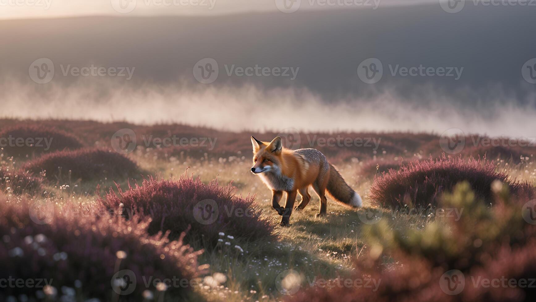 Red Fox Walking Through Field at Dawn with Misty Background photo