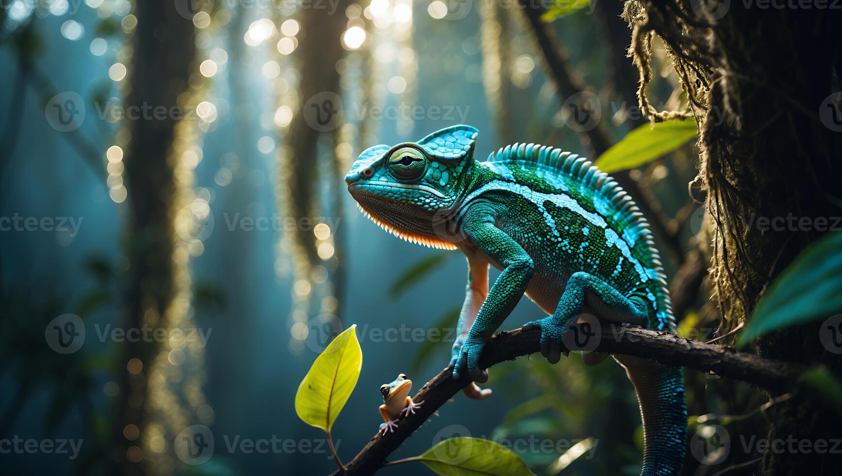Chameleon Perching on Branch Watching Small Frog in Jungle photo