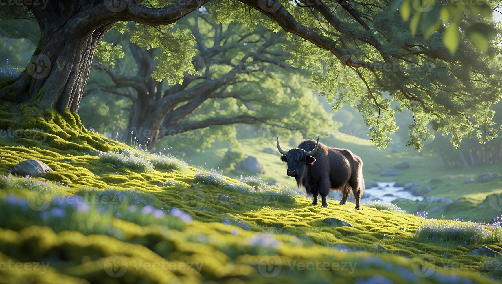 Yak Grazing in Lush Green Meadow with Large Tree photo