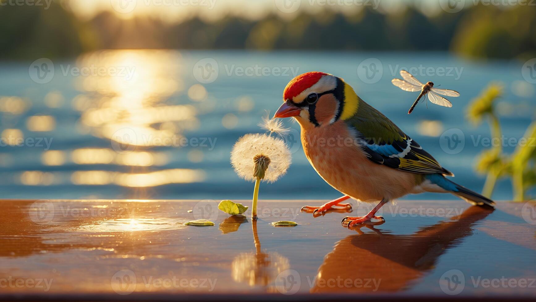Bird Perched Near Dandelion with Lake and Sun Glare Background photo