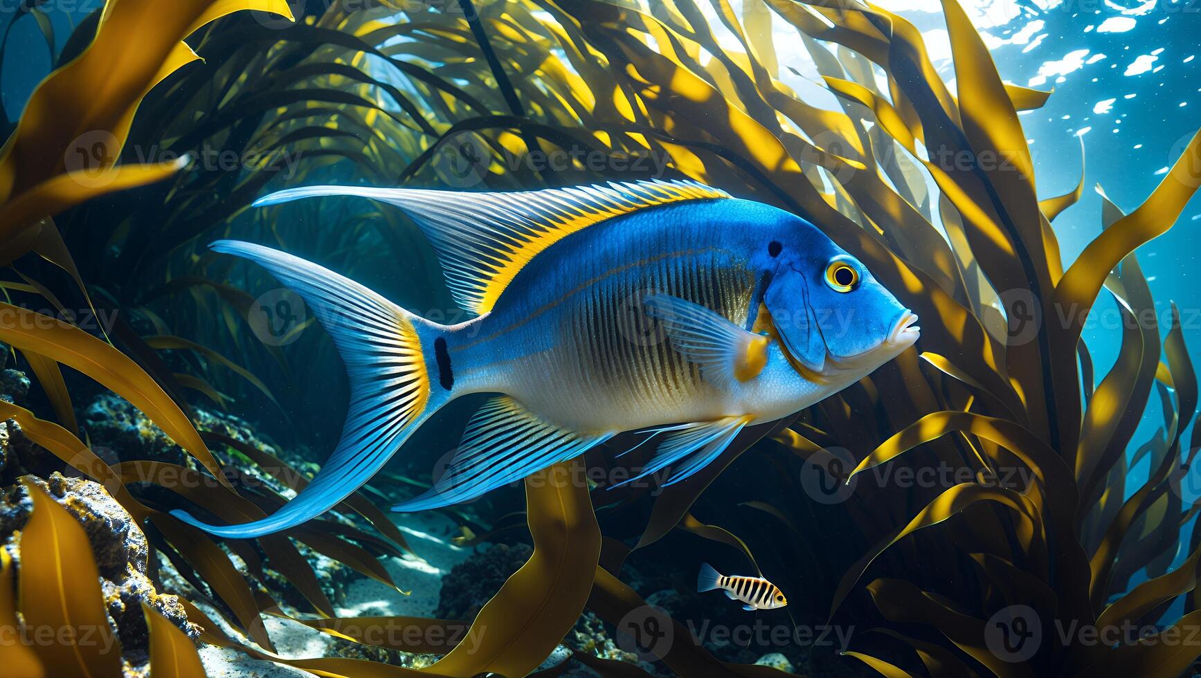Fish Swimming Through Kelp Forest with Sunlight Filtering Through Water photo