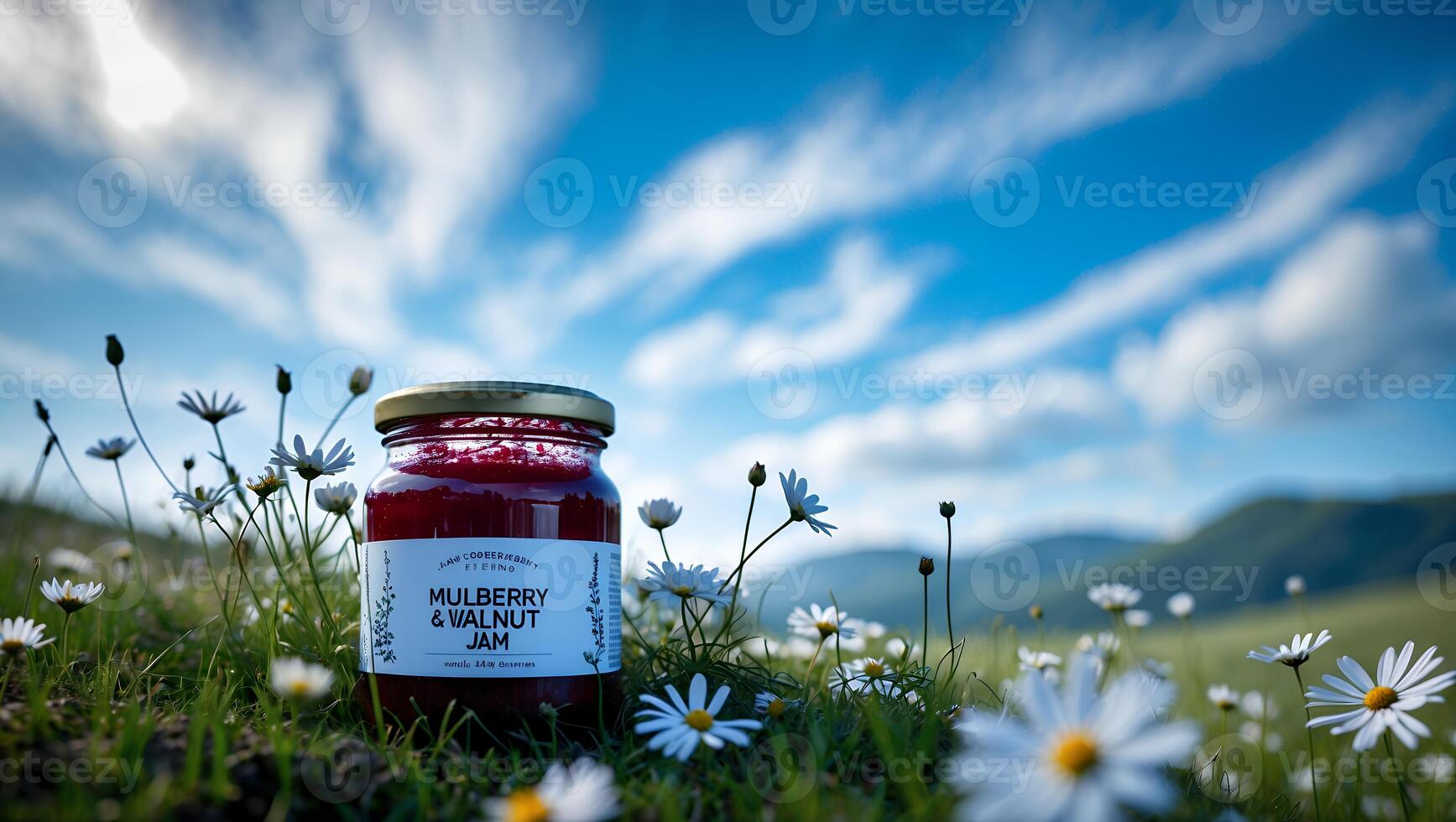 Jar of Berry Jam in a Field of Daisies on Sunny Day photo