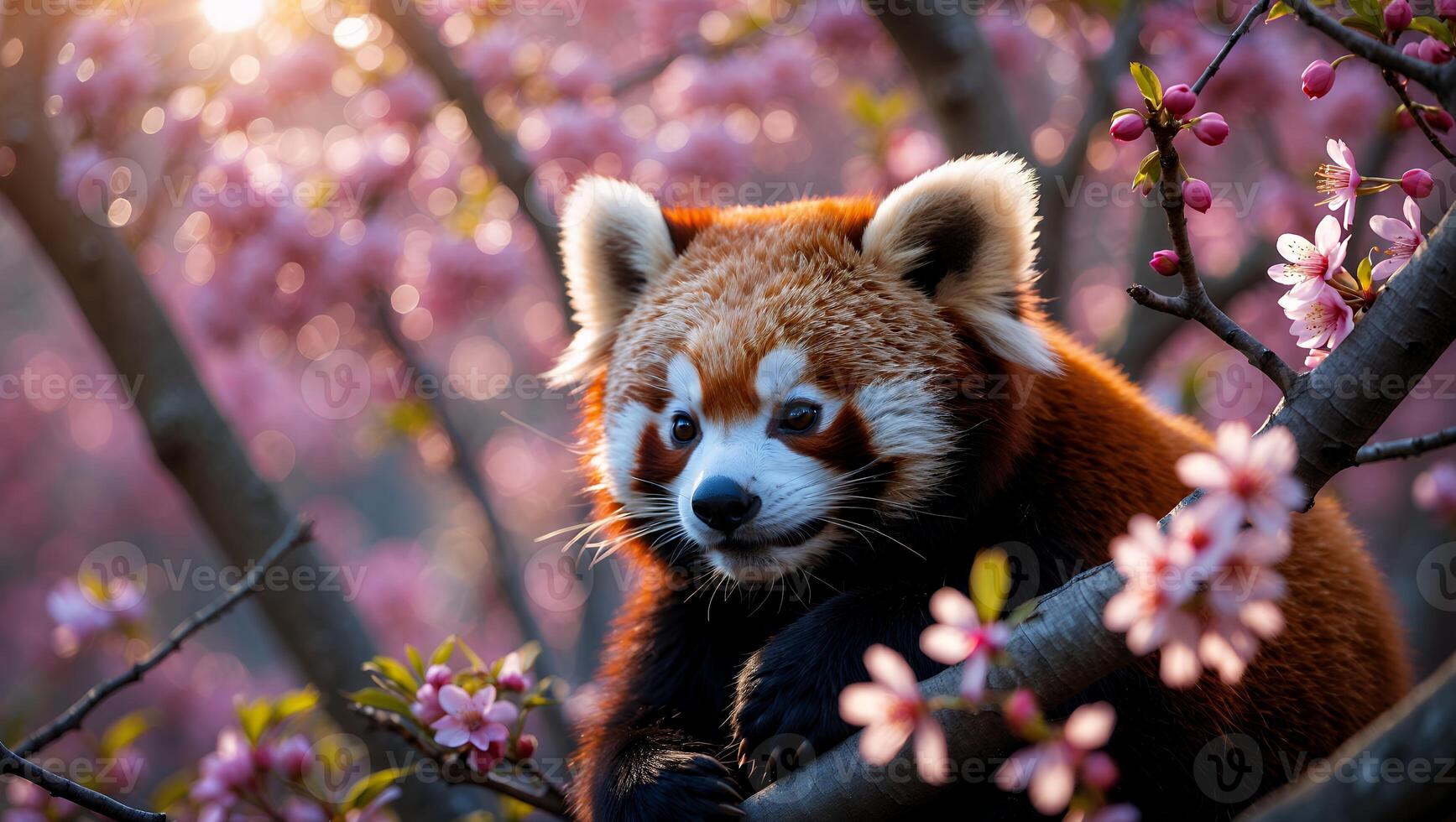 Red Panda Resting in Tree with Pink Flowers and Sunlight photo