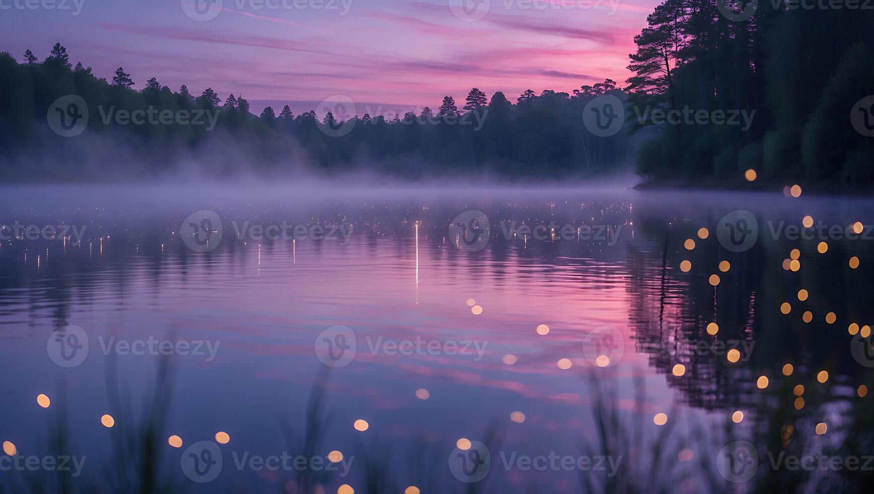 Still Lake Reflecting Dusk Sky with Mist and Bokeh Effects photo