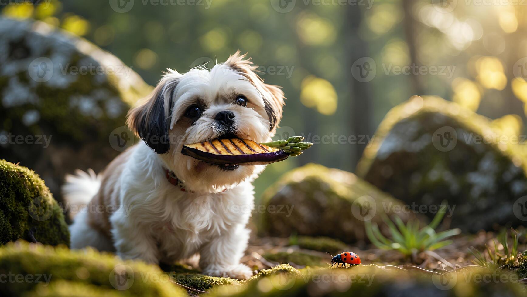 Dog Holding Grilled Eggplant and Asparagus in Forest with Ladybug photo