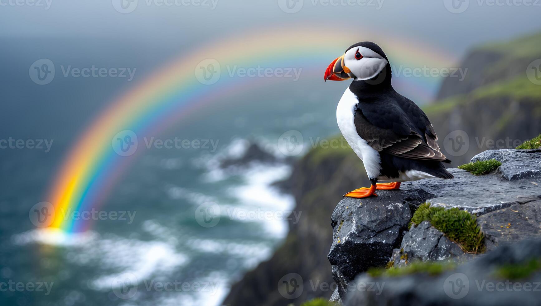 Puffin Perched on Cliffside Watching Rainbow Over the Ocean photo