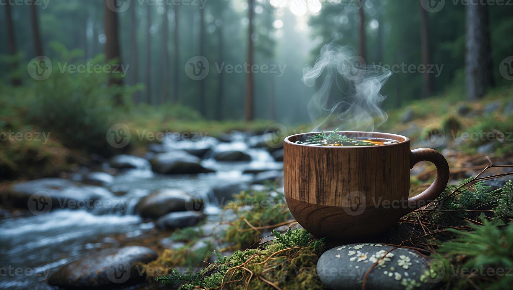 Hot Drink Enjoyed by Tranquil Forest Stream on Mossy Ground photo