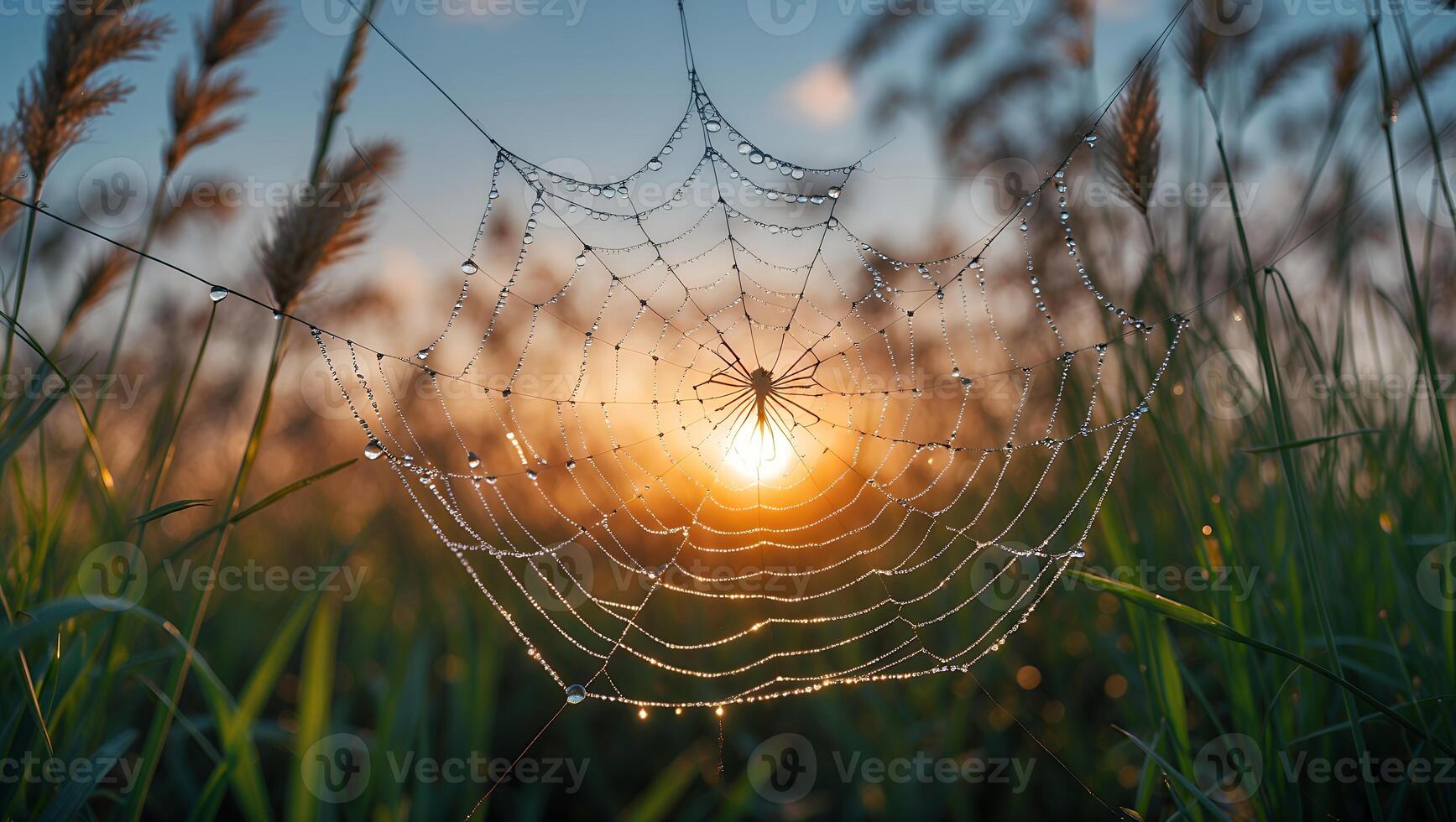 Spider Web with Dew Drops at Sunrise in a Grassy Field photo