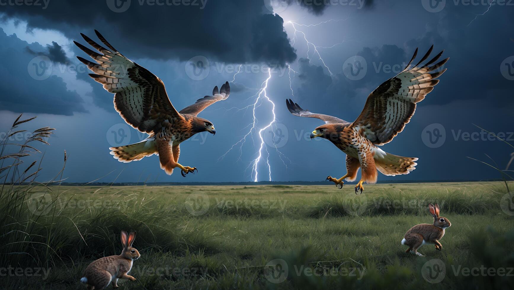 Hawks Hunting Rabbits in Field Under a Stormy Sky with Lightning photo