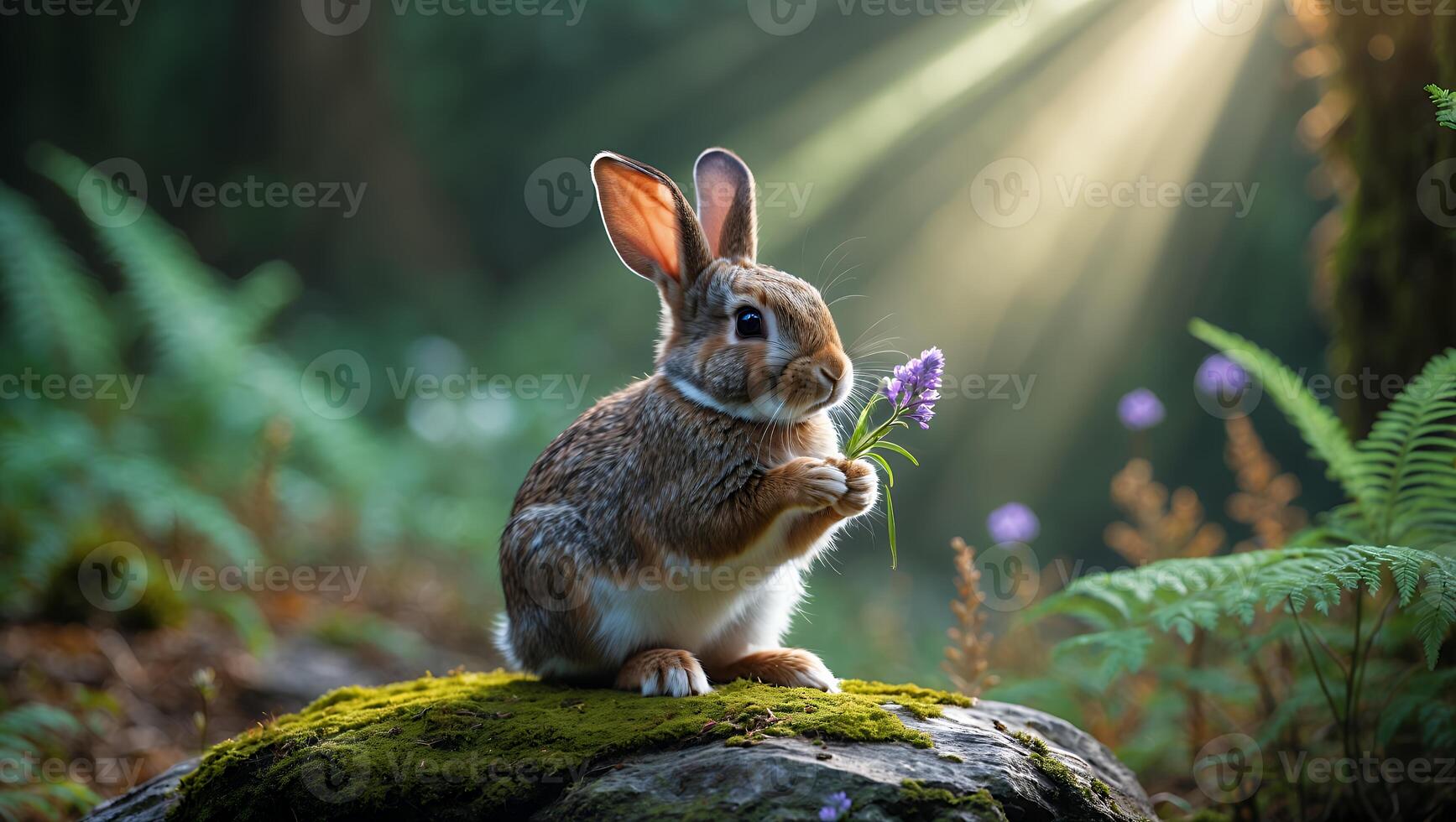 Rabbit Holding Flowers in Forest Sunlight Enjoying Nature's Beauty photo