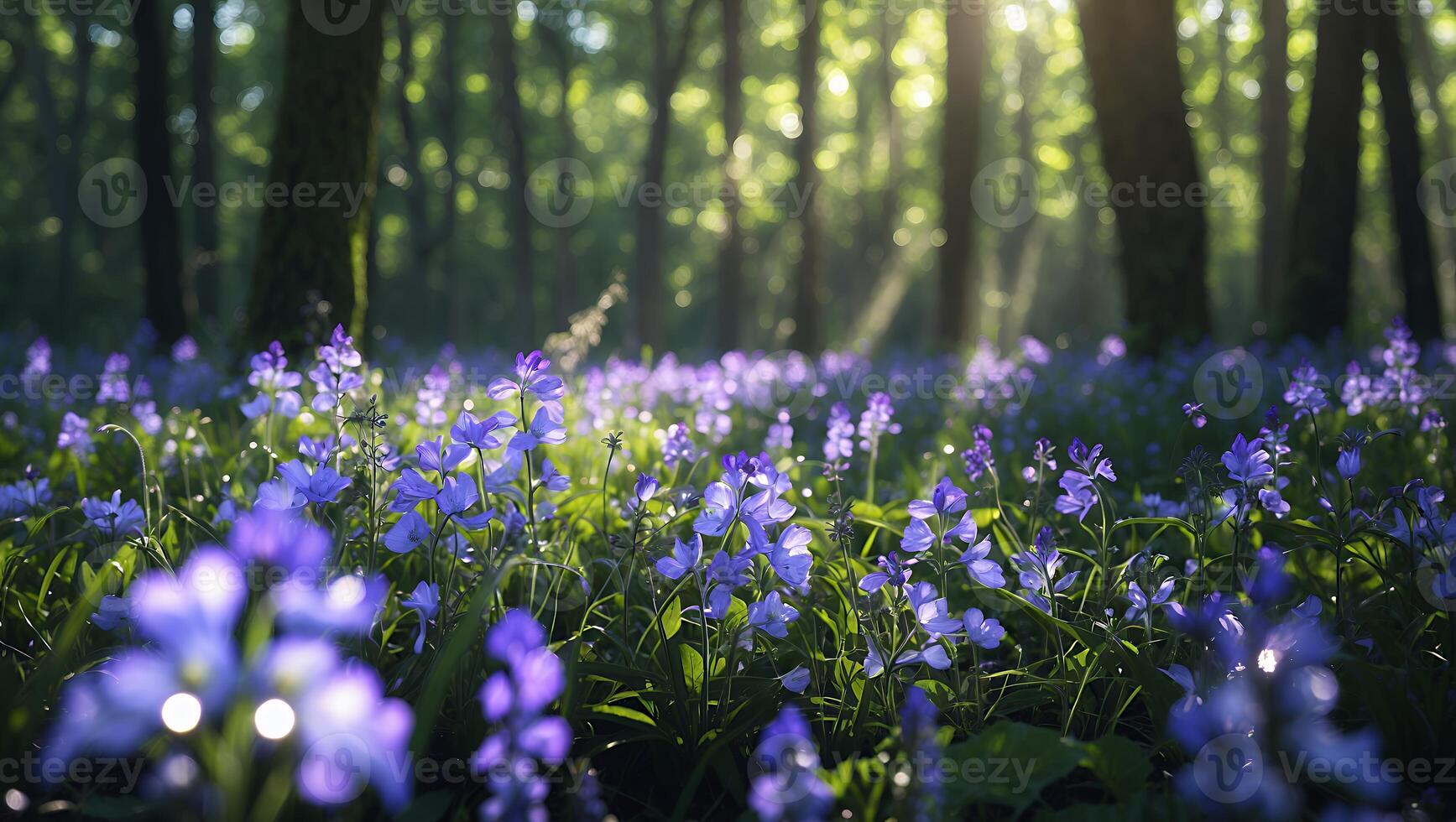 Field of Purple Flowers Blooming in Forest with Sunlight Streaming Through photo