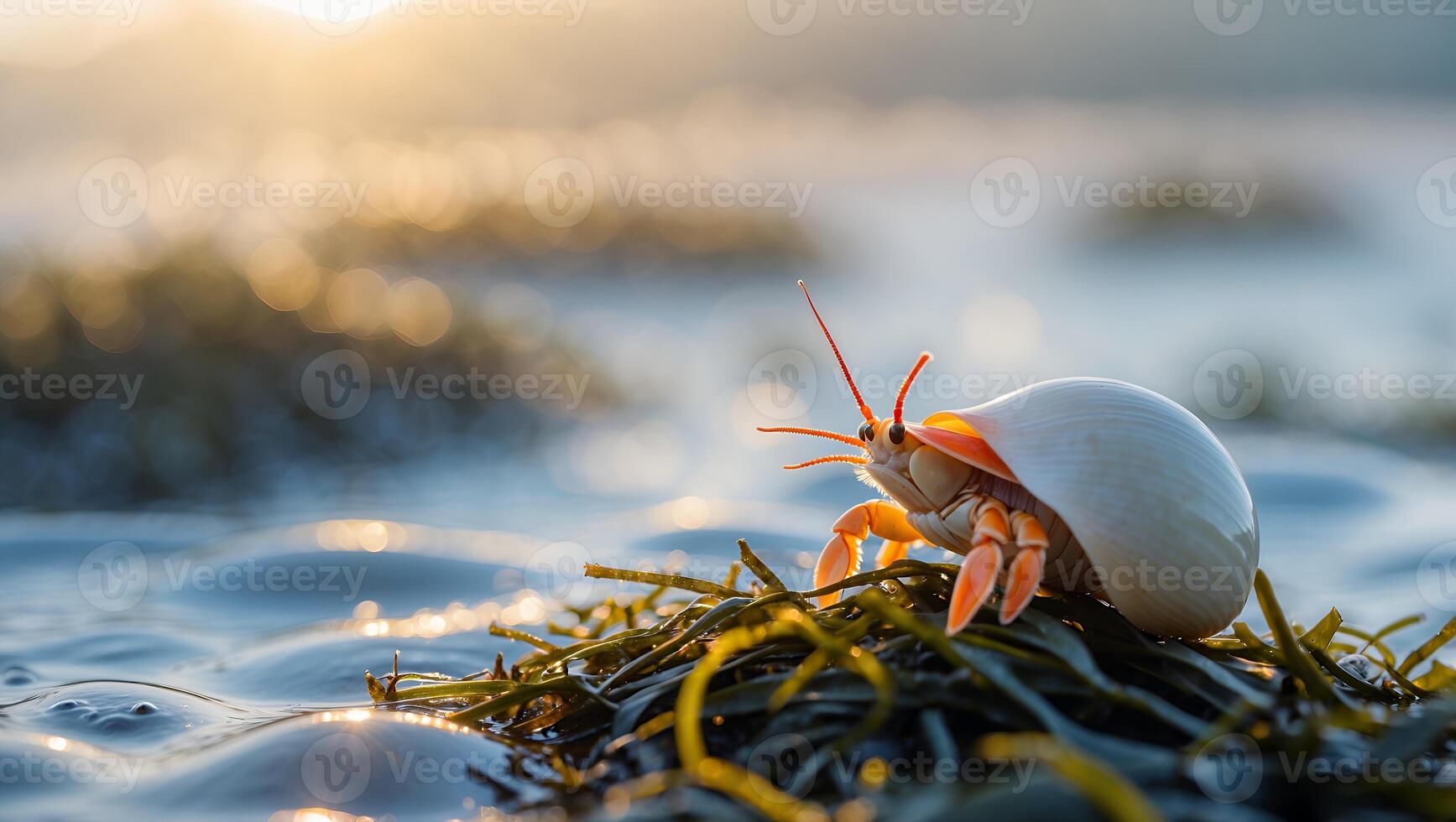Hermit Crab Emerging Onto Seaweed Shoreline at Sunset with Bokeh photo