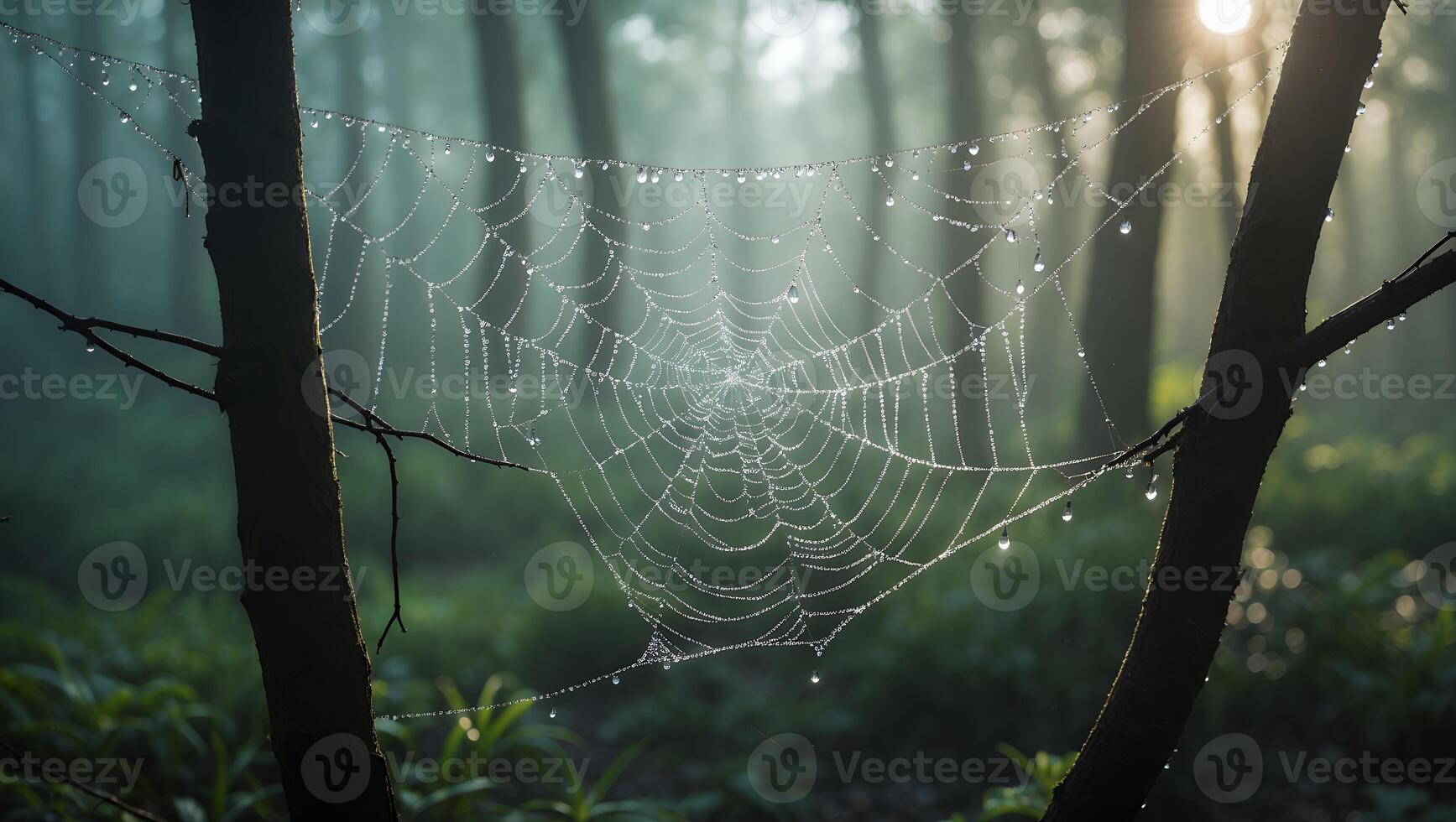 Spiderweb Covered in Dew Drops in Forest at Dawn photo