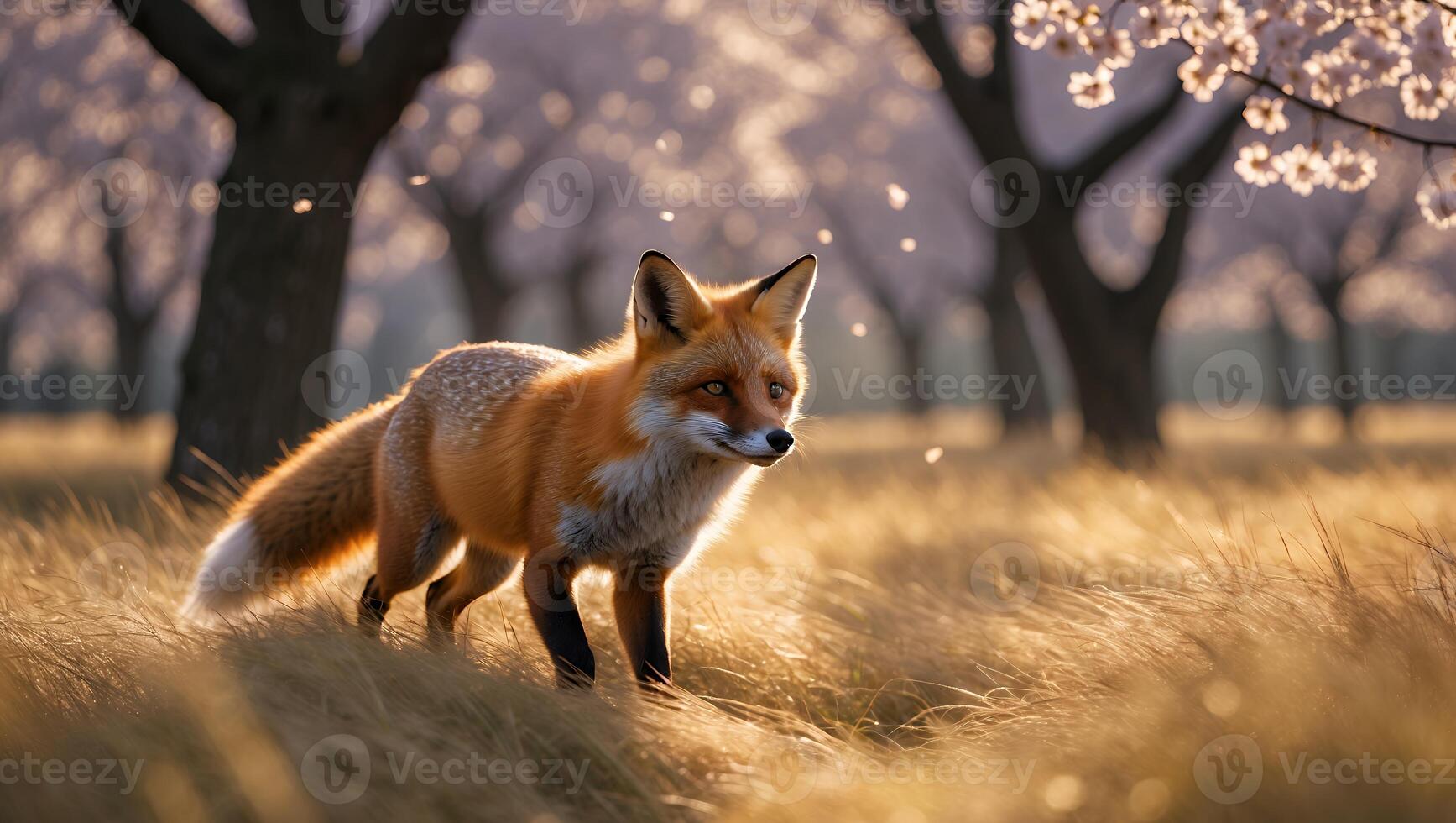 Fox Walking Through Grassy Field with Flowering Trees in Background photo