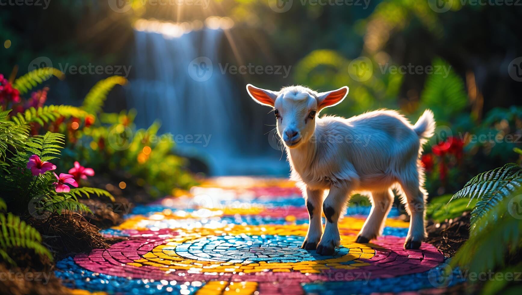 Young Goat Standing on Colorful Path Near Waterfall in Garden photo