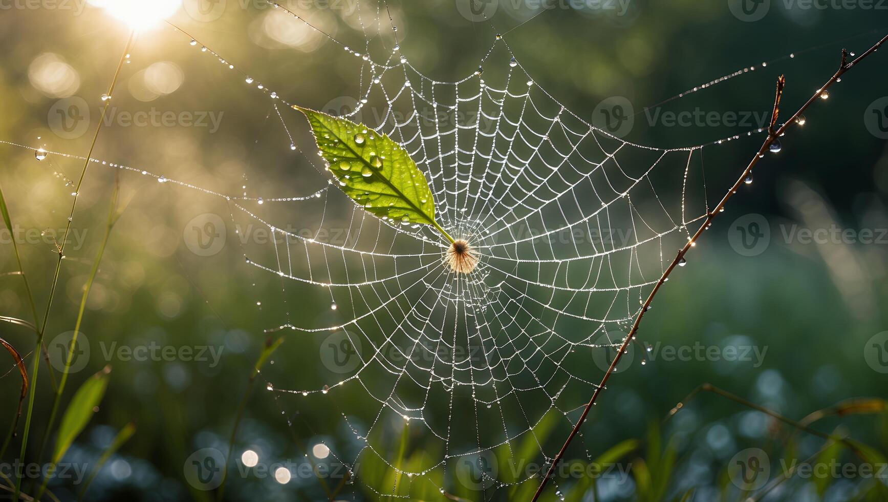 Spiderweb with Dew Drops and a Green Leaf in Sunlight photo