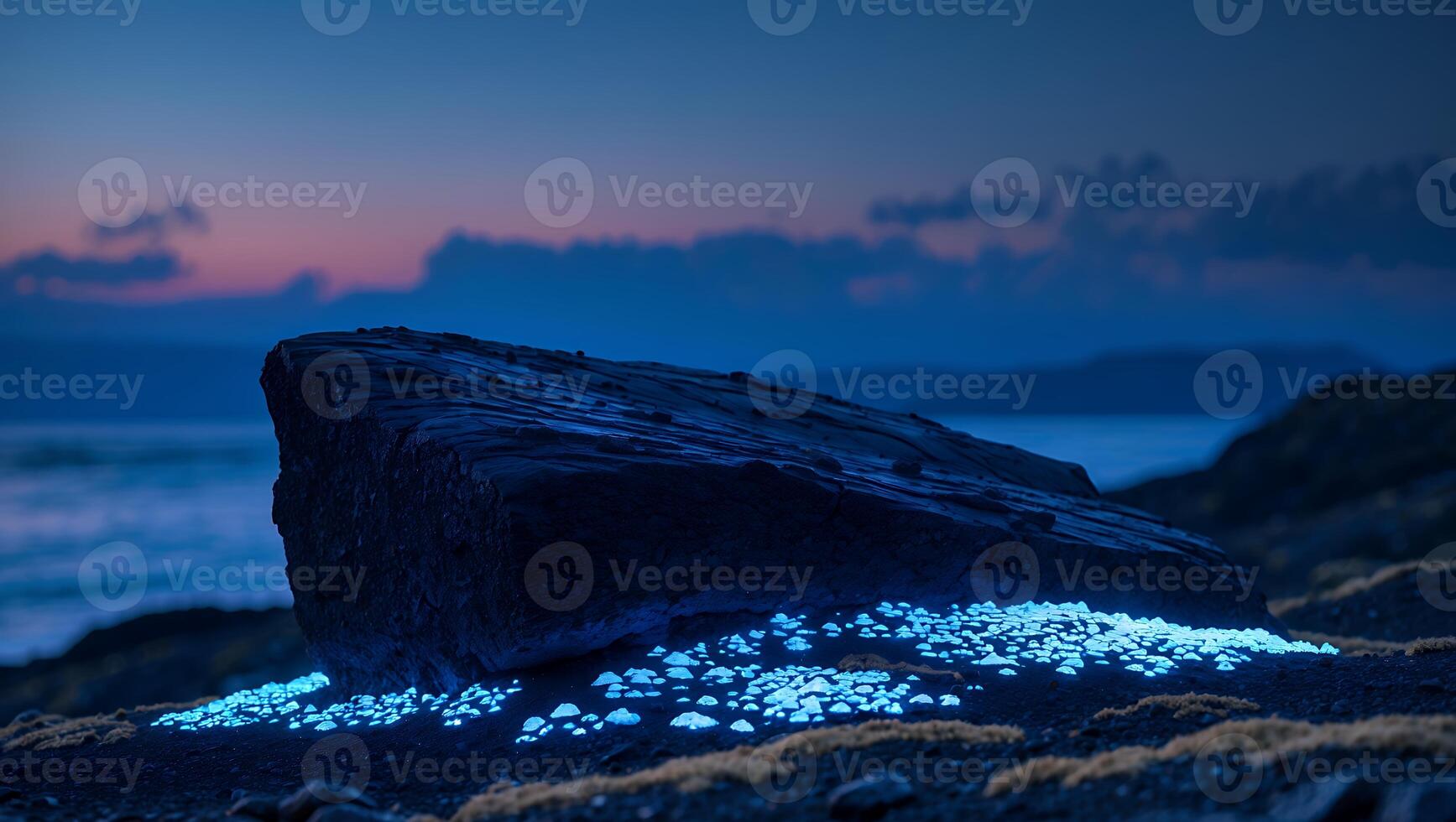 Large Rock with Glowing Clusters Near Ocean at Twilight Scenery photo