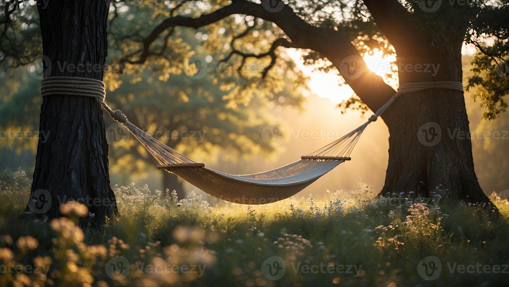 Hammock Hanging Between Trees in Sunny Meadow for Relaxing Afternoon photo