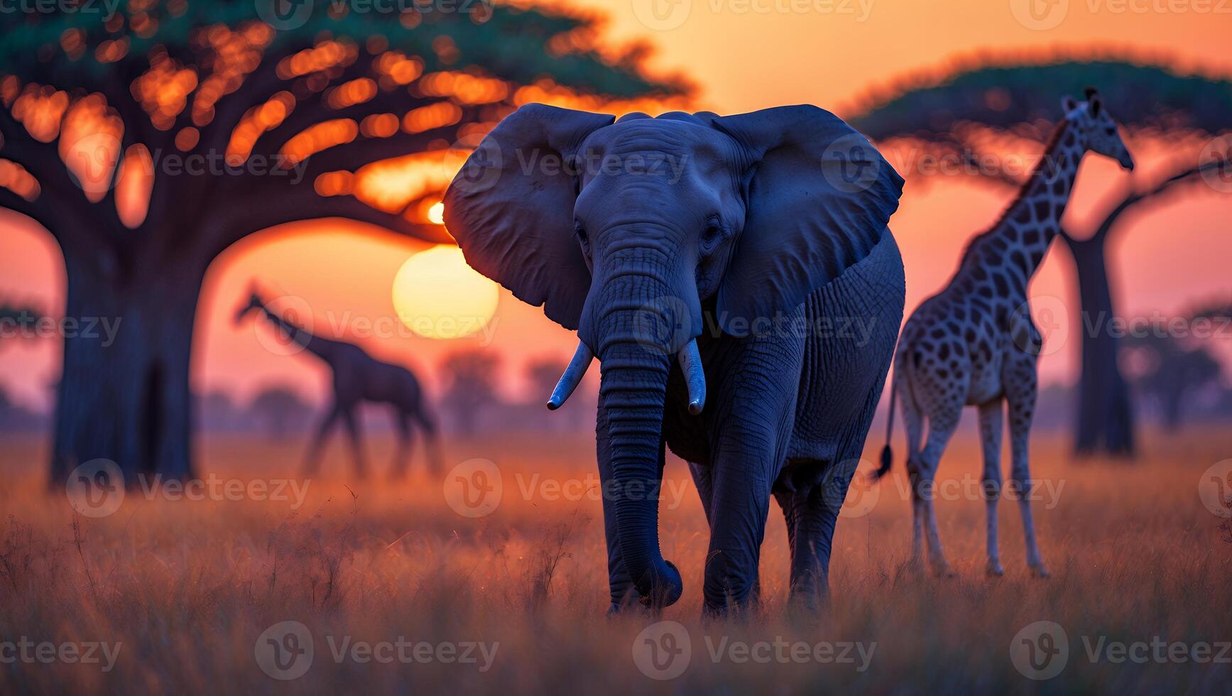 Elephant and Giraffe Walking in African Savannah at Sunset photo