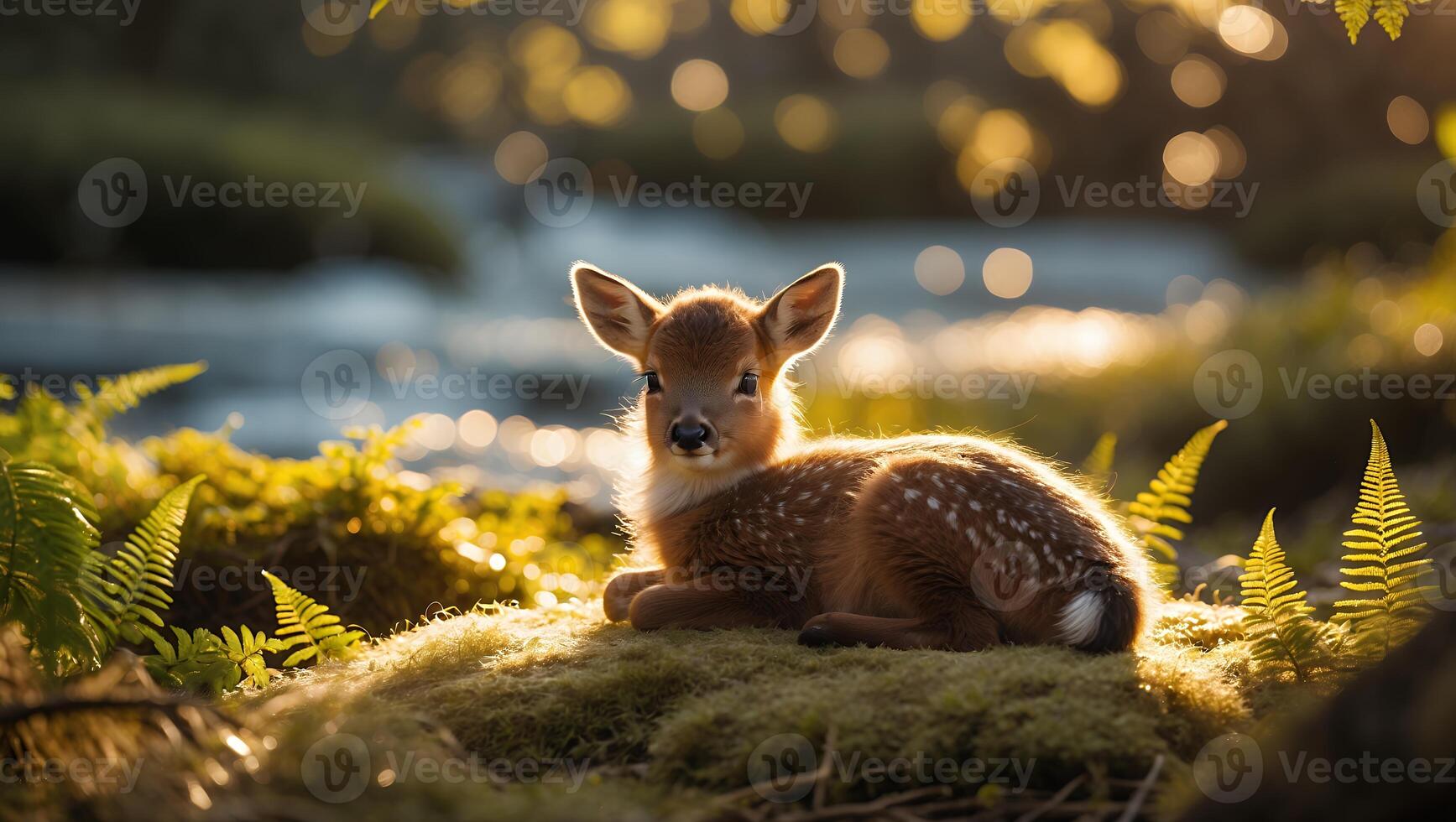 Resting Fawn in Forest Sunlight with Moss and Ferns photo