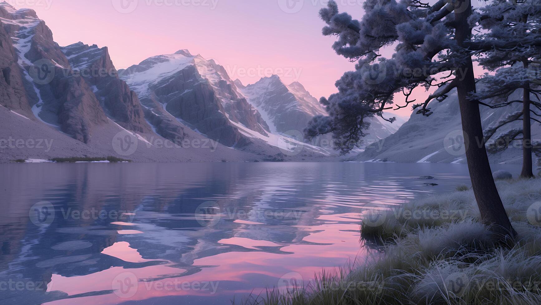 Calm Lake Reflecting Snow Capped Mountains at Dawn with Trees photo