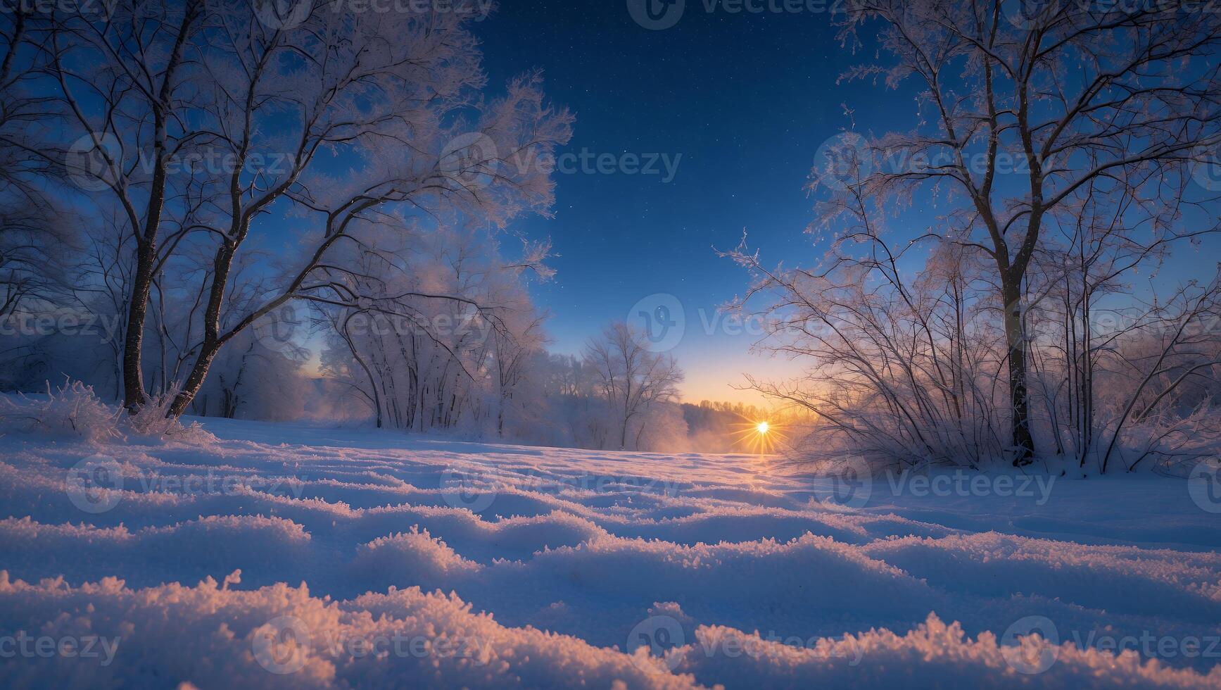 Winter Field at Sunset Snow Covered Trees in Dramatic Light photo