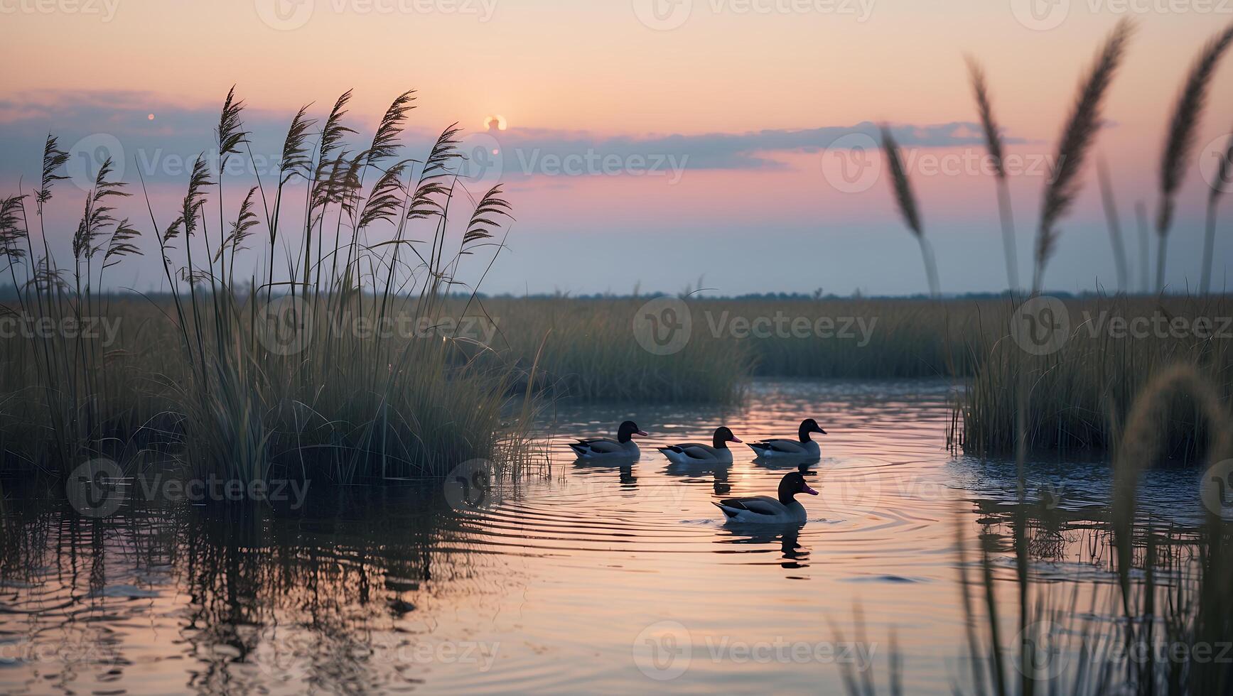 Ducks Swimming Quietly in Water at Sunset Through Tall Grasses photo