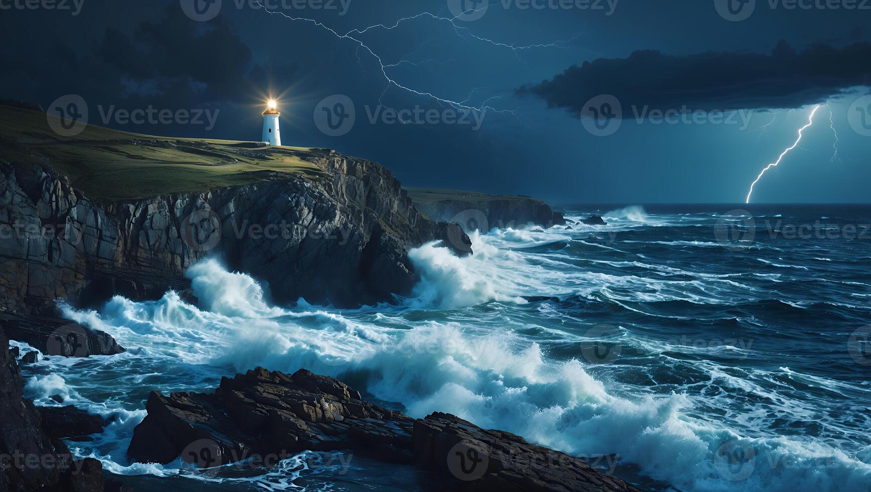 Lighthouse Illuminating Coastal Cliffs During Storm with Lightning Strikes photo