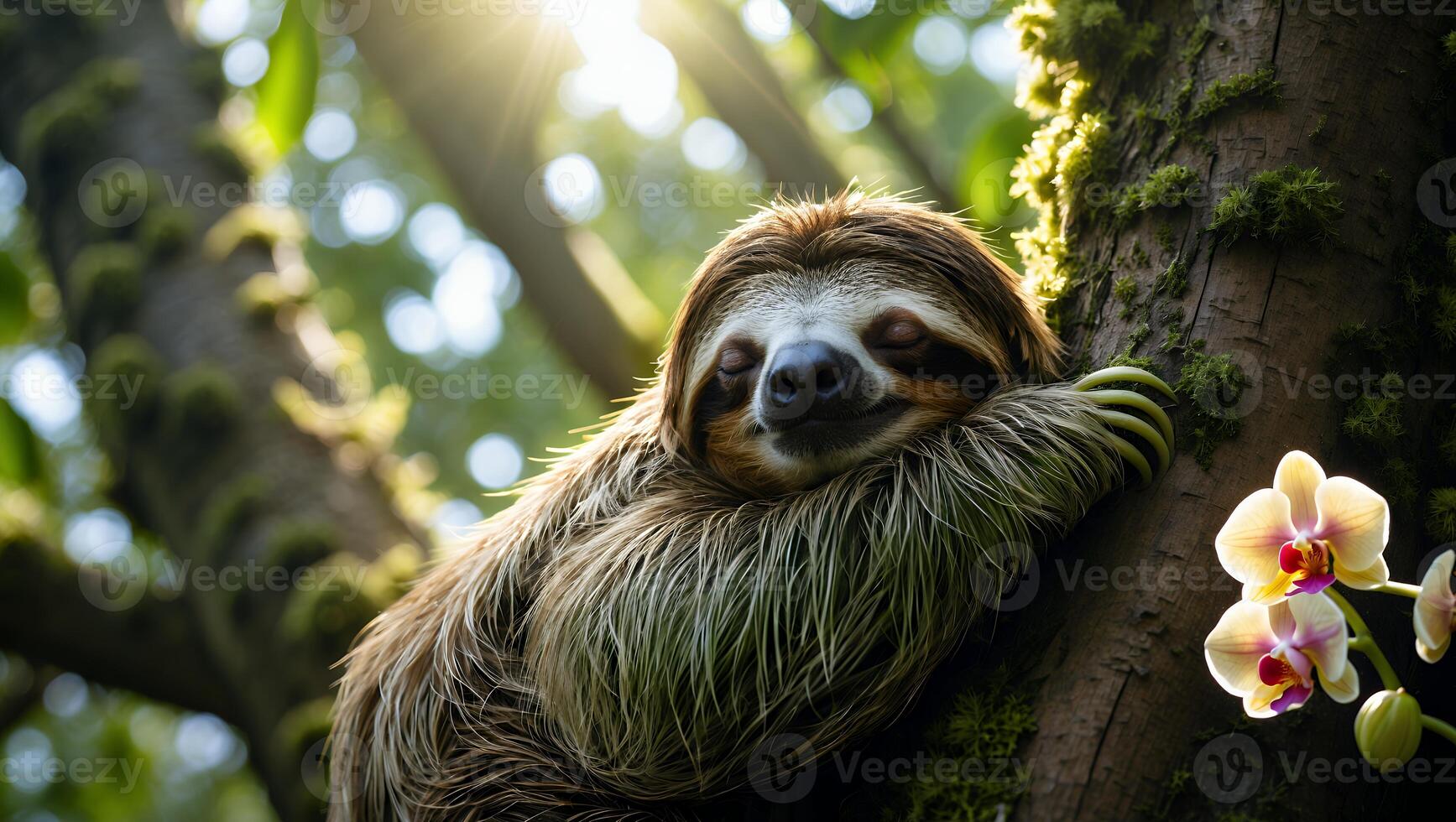 Sleeping Sloth Resting on Tree with Orchid Flowers in Jungle photo