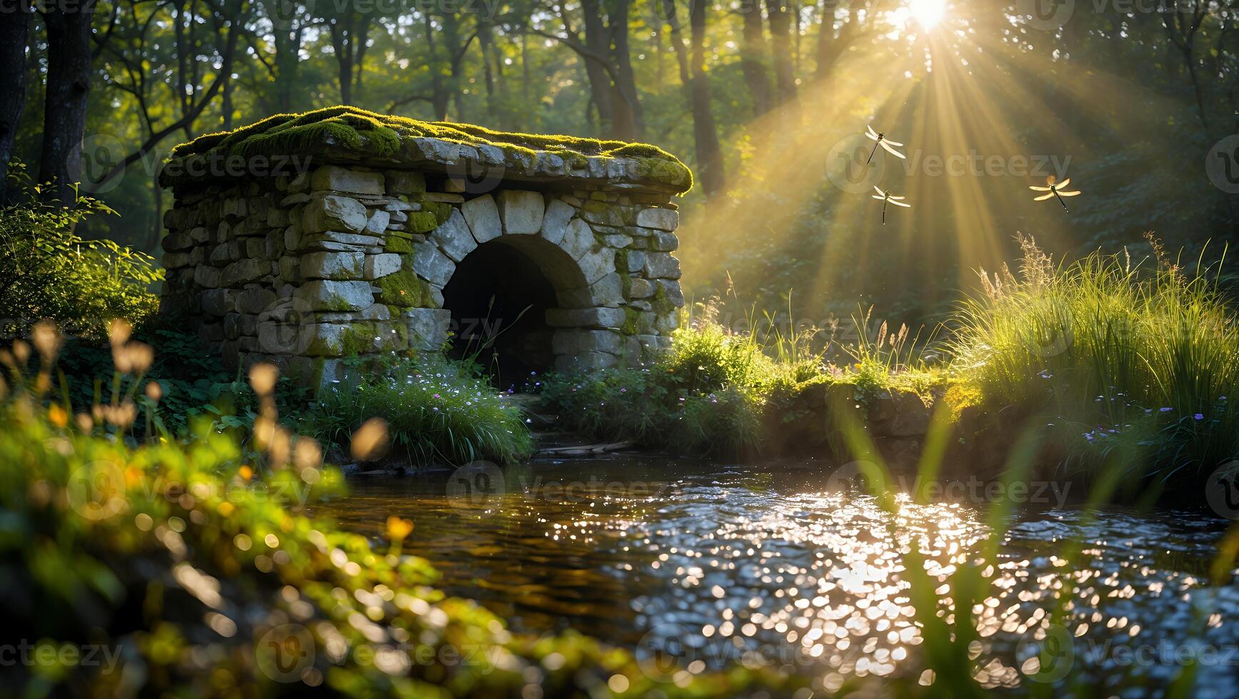 Stone Structure and Flowing Stream in Forest with Sunlight Streaming Through photo
