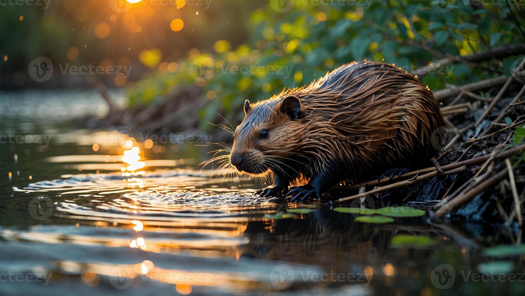 Beaver Emerges From Water at Sunset Wildlife Animal in Nature photo