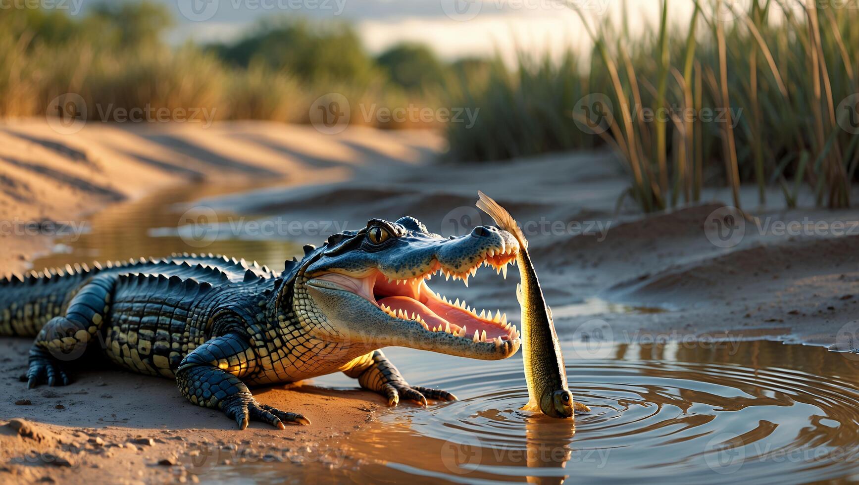 Alligator Catching Fish in Shallow Water with Wetland Background photo
