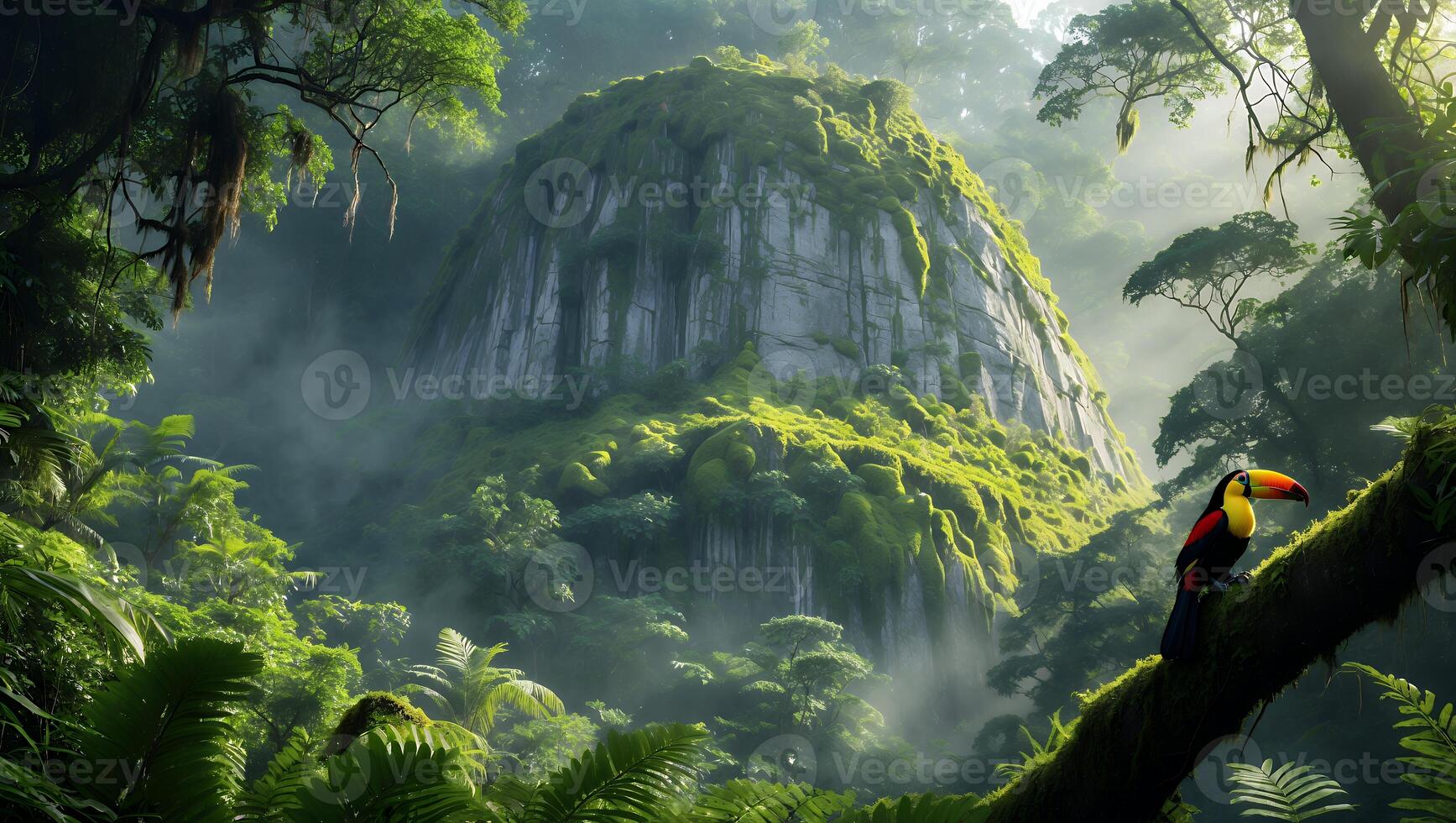 Toucan Resting on Branch in Tropical Rainforest with Foggy Mountain photo
