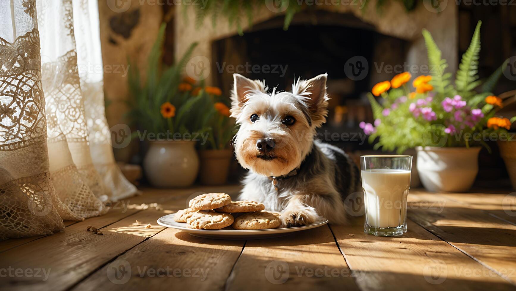 Small Dog Watching Cookies and Milk Indoors on Wooden Table photo
