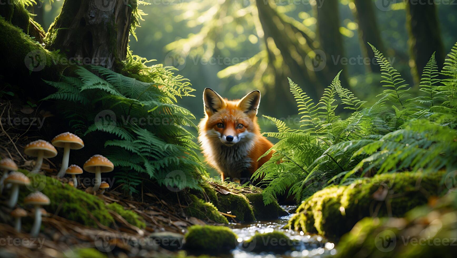 Red Fox Looking Curiously From Green Forest Ferns and Mossy Creek photo